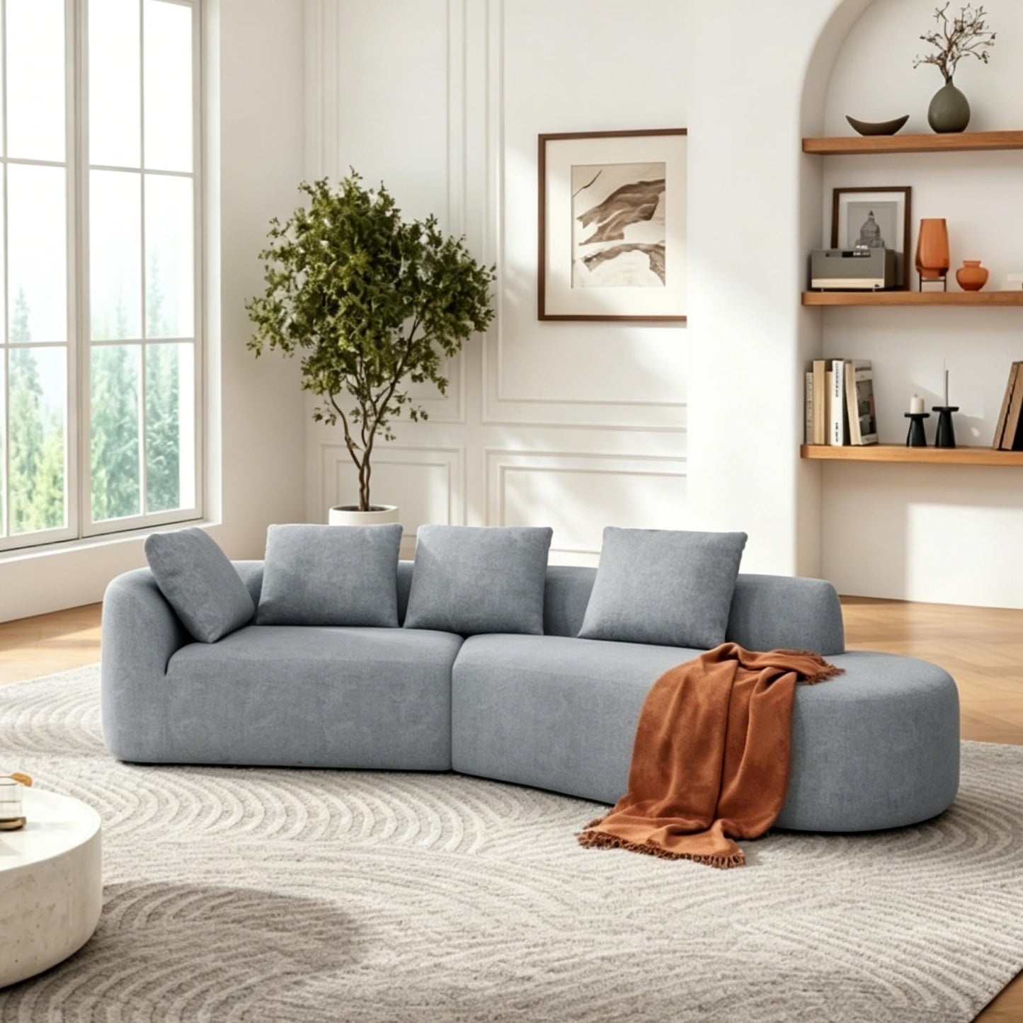 Merax 116" Curved Polyester Sectional Sofa, Modern Pearl Upholstery 3 Seat Cloud Couch with Chaise Lounge & 4 Pillows for Living Room, Light Gray