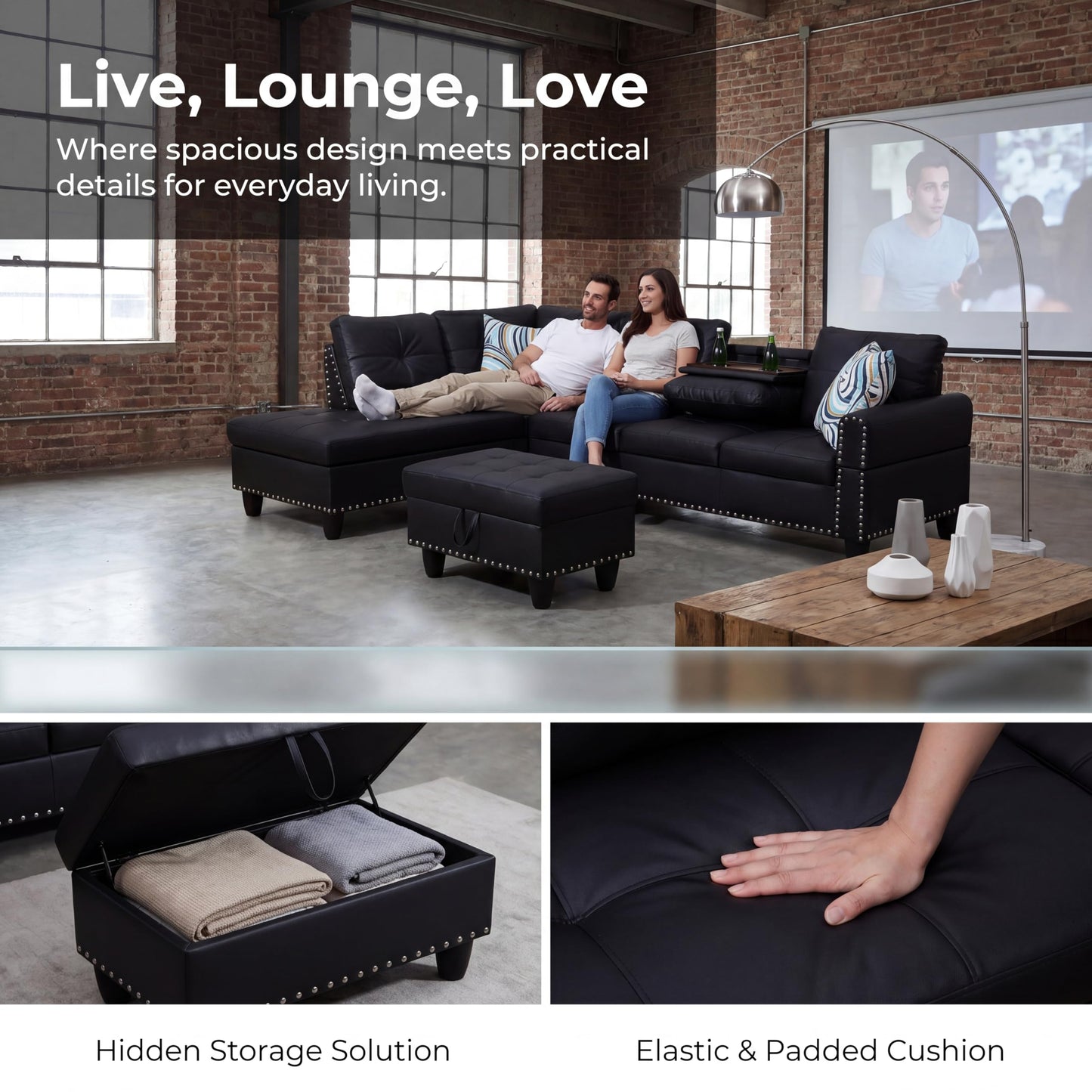 Topcomfy Leather L Shaped Sectional Couches for Living Room - 97.5“ x 69.5" Modular Sectional Sofa with Storage Ottoman, 4 Seat Home Sofa Living Room Furniture Sets with Chaise for Apartment, Black