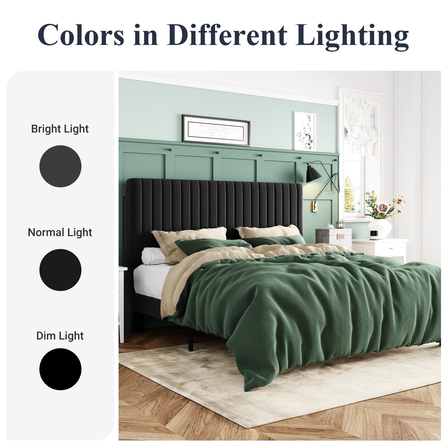Allewie King Platform Bed Frame, Velvet Upholstered with Adjustable Vertical Channel Tufted Headboard, Mattress Foundation with Strong Wooden Slats, Box Spring Optional, Easy Assembly, Black