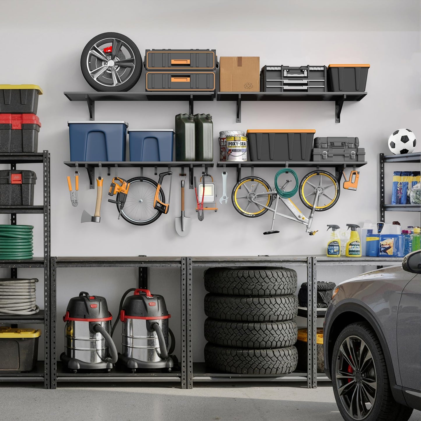 Jusgym 4-Pack 1.5x4ft Garage Shelving Wall Mounted, 1.5 x 4' Heavy Duty Garage Storage Shelves with Hooks, 1000LB Capacity