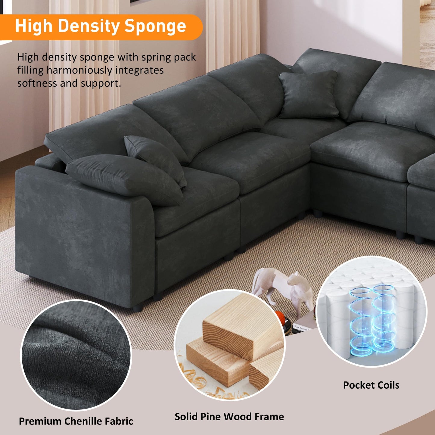 124.8" W Modular Sectional Sofa L Shaped Modern Couch with Ottoman, Deep Seat and Wide Chaise for Living Room, Gray
