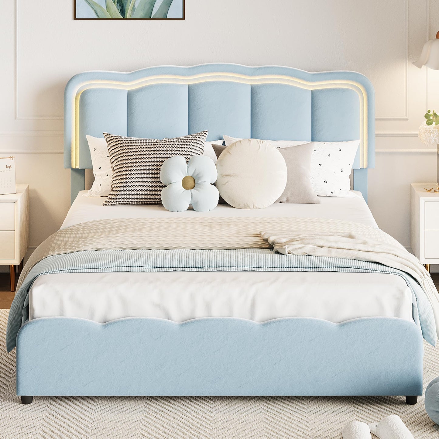 GarveeHome Full LED Bed Frame, Kids Platform Bed with 2 Large Storage Drawers, Velvet Upholstered Princess Bed for Girls & Boys, Wooden Slats Support, No Box Spring Needed, Easy Assembly, Blue