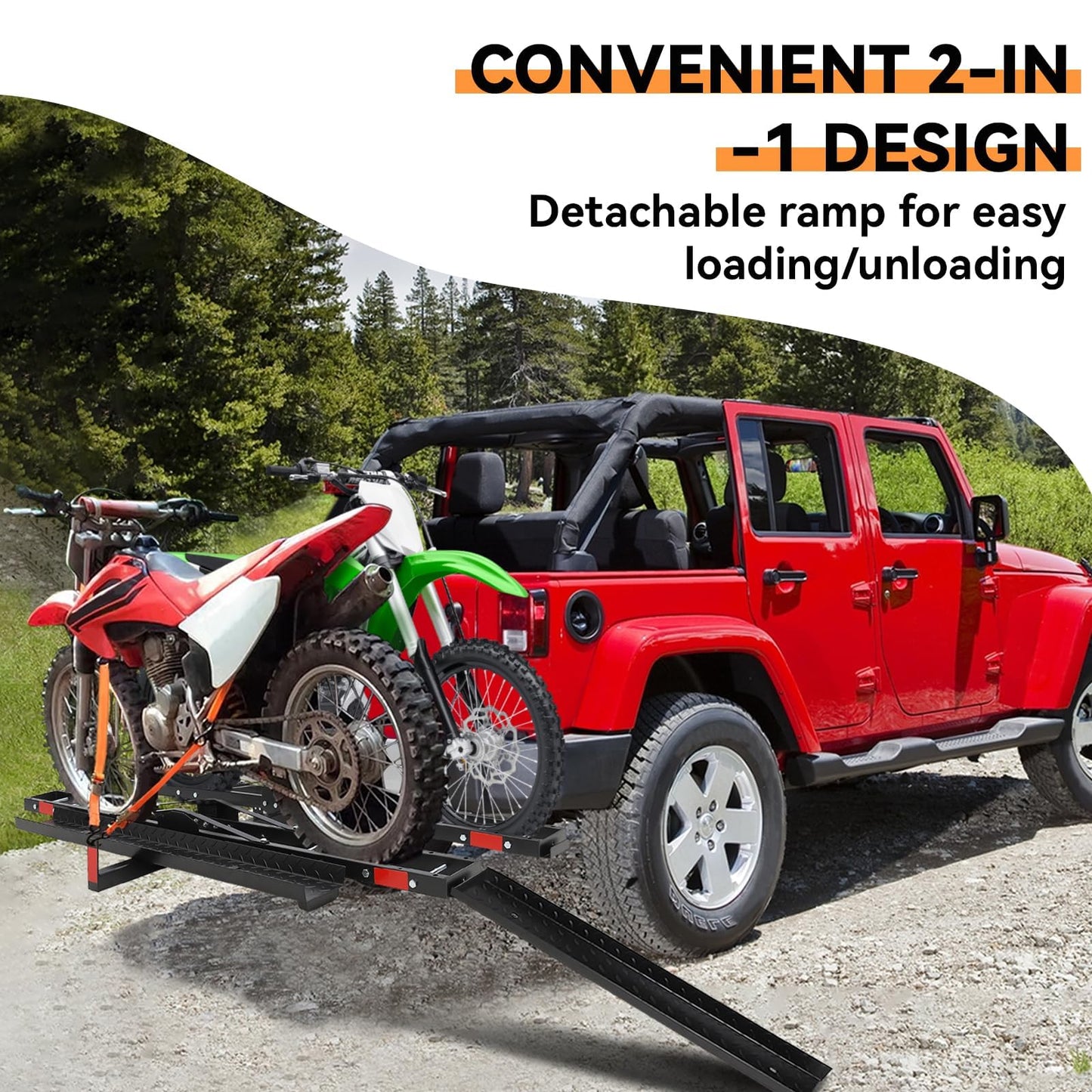 ExploreHorizon Heavy Duty Motorcycle Carrier for 2 Bikes, Hitch Mount Rack with Ramp for Dirt Bikes & Ebikes, 600 lbs Capacity with Ratchet Straps and Stabilizers, Receiver Hitch Ebike Carrier