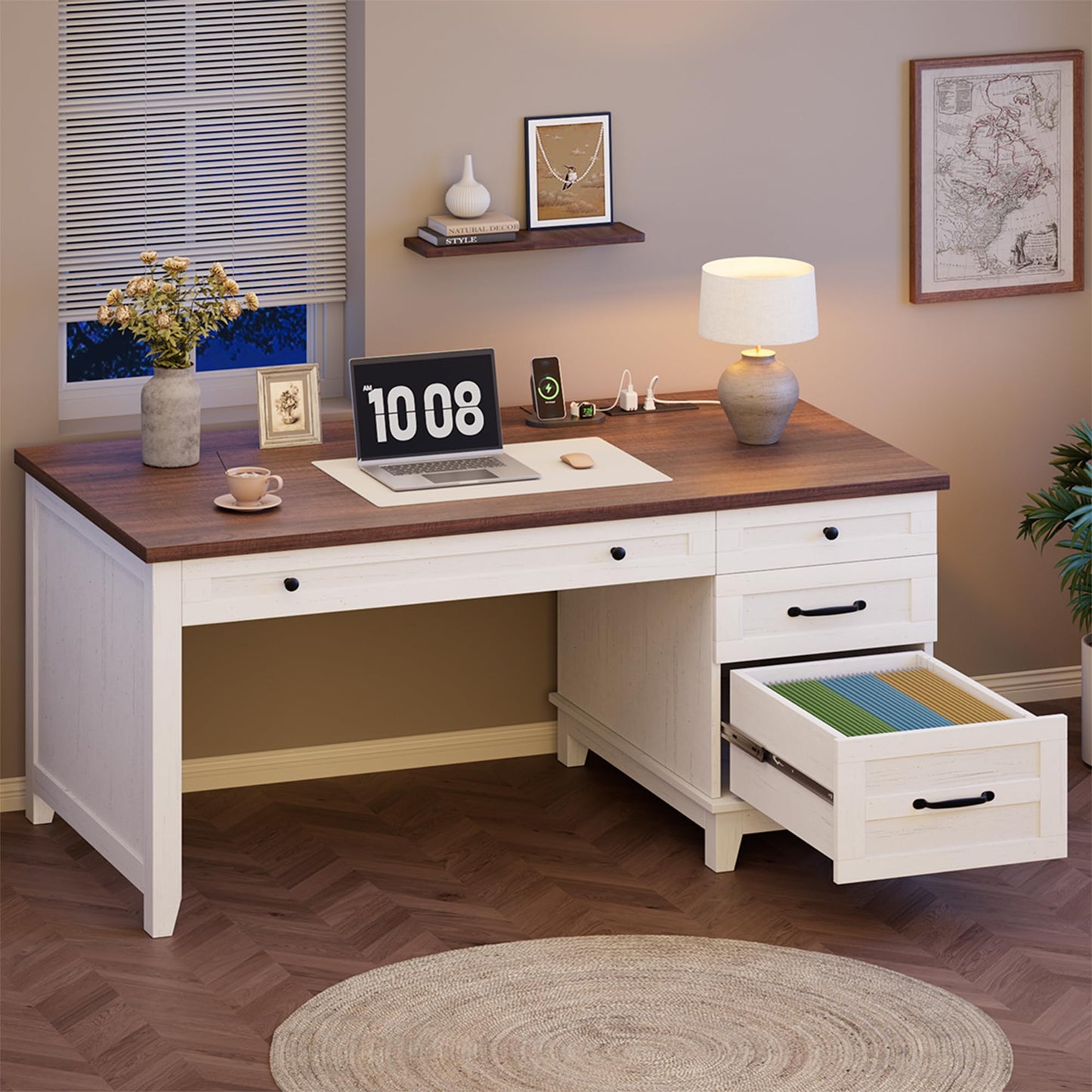 GarveeHome Executive Desk with Drawers, Farmhouse Home Office Desk with Charging Station, 53.54 in Wooden Computer Desk with File Cabinet Storage for Work Study Writing,White Walunt