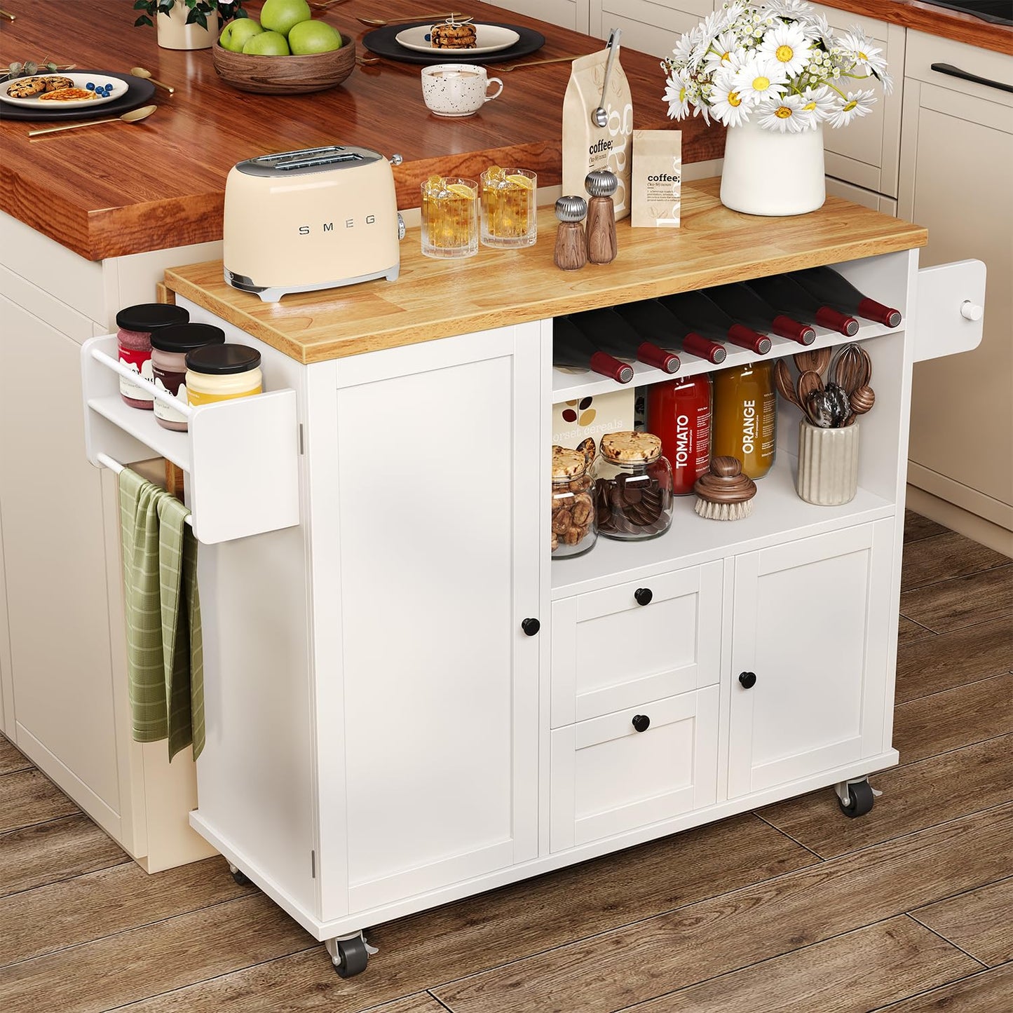 knoworld Rolling Kitchen Island with Storage Cabinet, 41.3'' Width Kitchen Cart with Desktop Drop Leaf Countertop, Portable Mobile Island with Towel Rack, Spice Rack Shelf, White