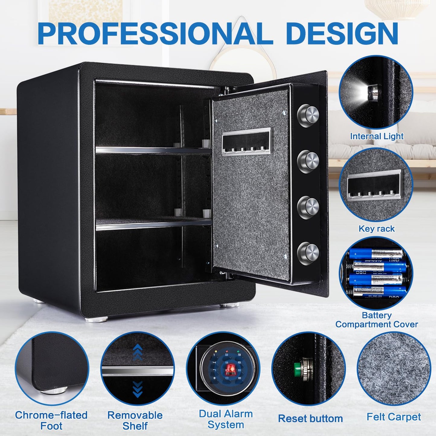 Safe Box, 1.9 Cubic Feet Security Home Safe Box, W/Electronic Digital Keypad, Dual Alarm System, LED Light, Adjustable Shelf, for Money,Documents, Jewelry, Home, Hotel Use, 15"D x 12.2W" x 17.7"H