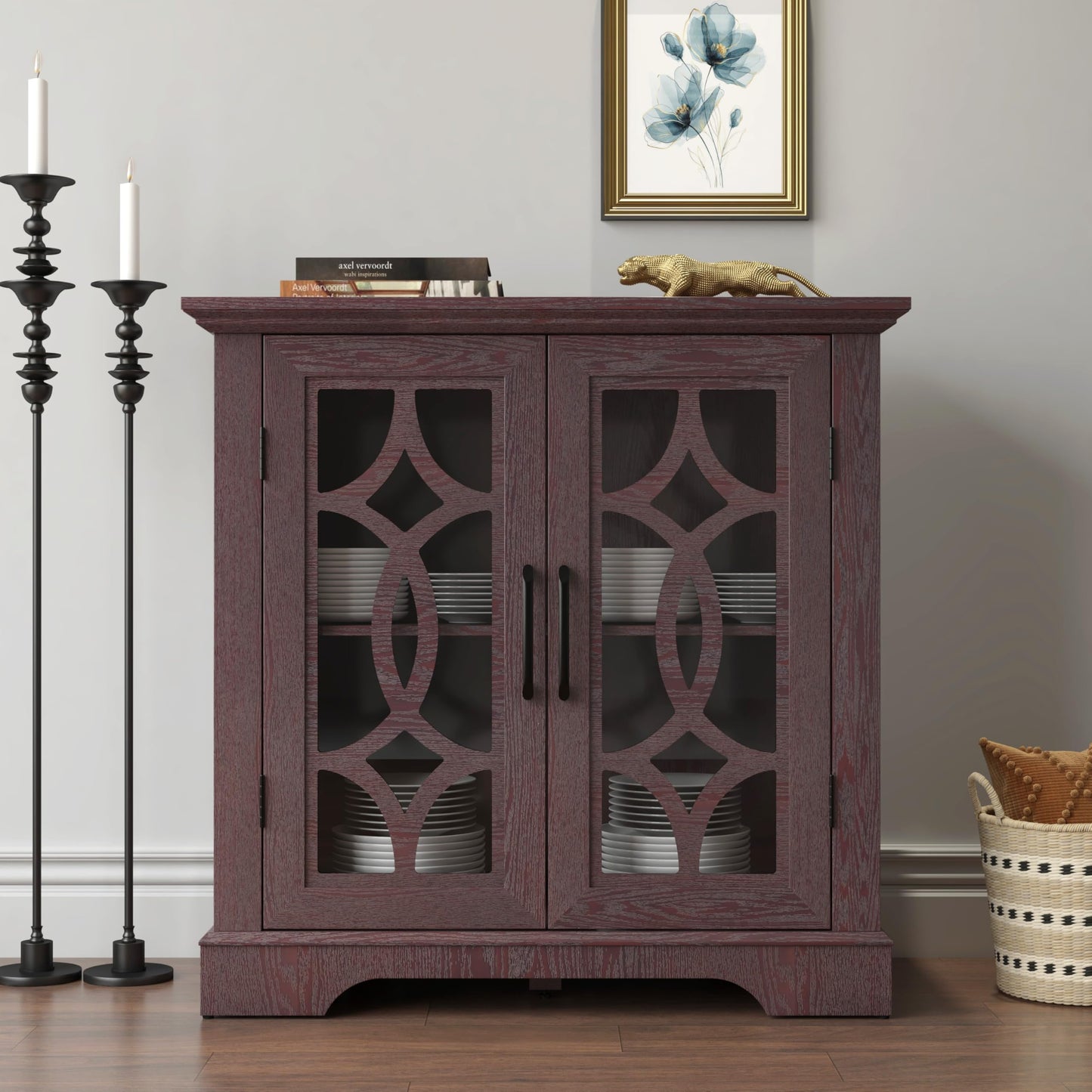 GDFStudio Modern Buffet Sideboard Cabinet, Storage Cabinet with 2 Tempered Glass Doors & Adjustable Shelf, Freestanding Credenza Buffet for Dining Room Kitchen, Accent Cabinet Coffee Bar, Ox Blood Red