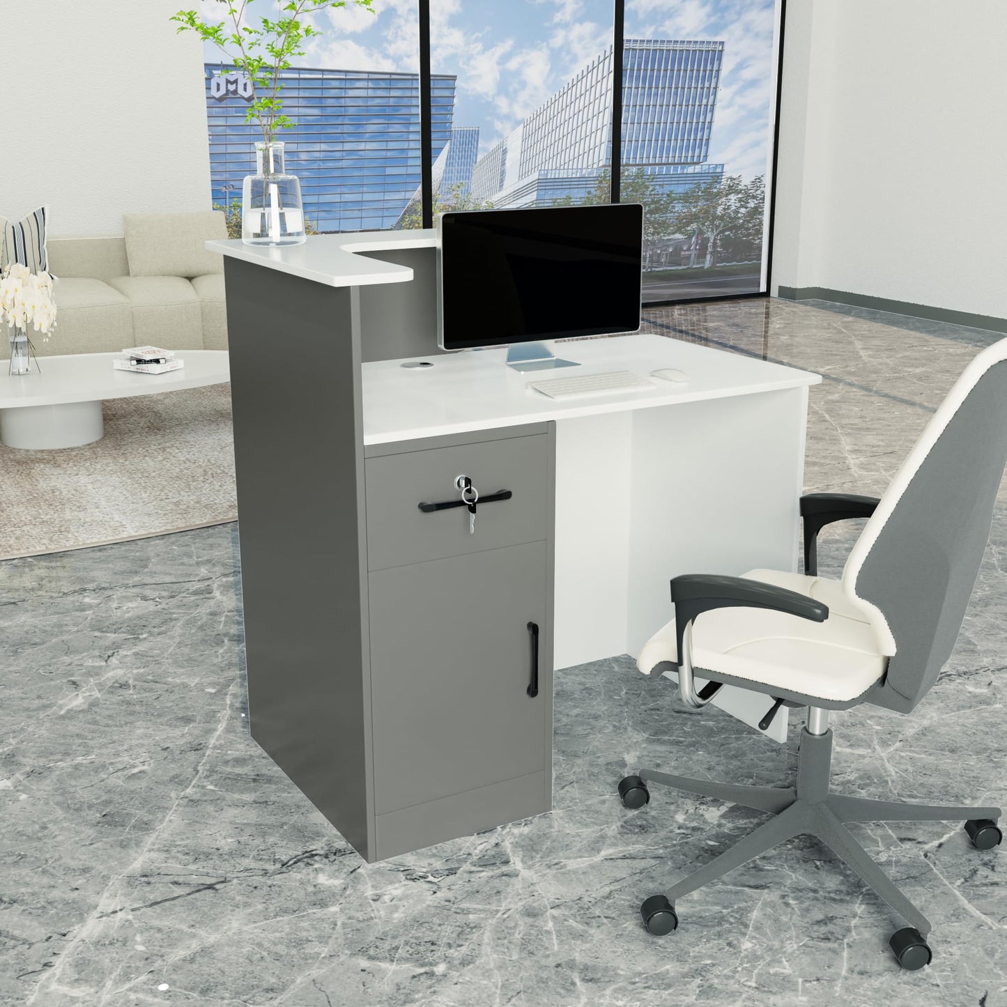 HPLWYM L Shaped Reception Desk with Lockable Drawer, Small Front Desk, Office Reception Room Table, Checkout Retail Counter for Office Lobby Cafe Salon (White+Grey, 39.4"(L) x23.6(W) x39.4(H))
