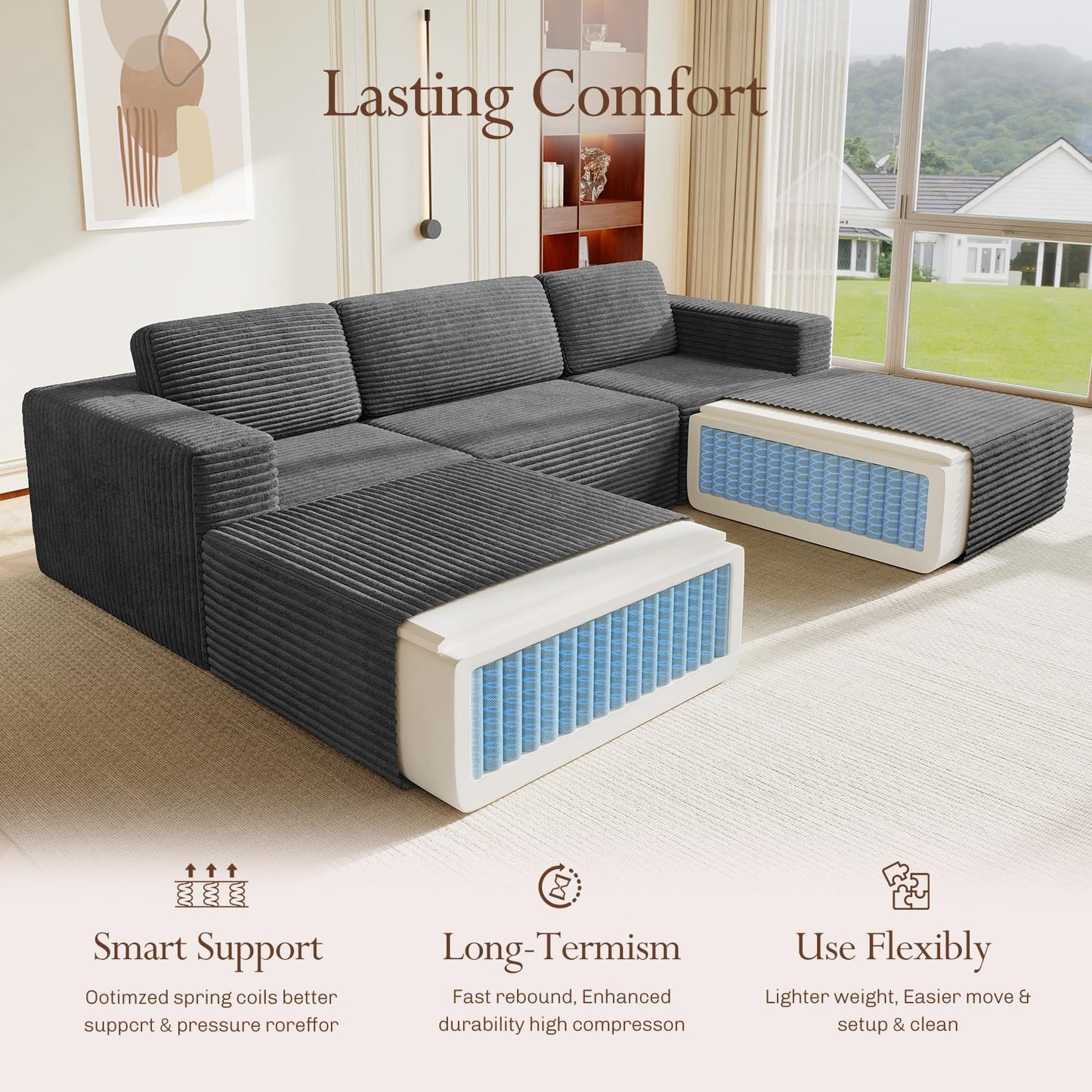 119" U-Shaped Modular Cloud Sofa, Corduroy Sectional Couch with Extra Deep Seats & Durable Spring Support, Convertible Boneless Sofa Set with Dual Ottomans, No Assembly, Grey
