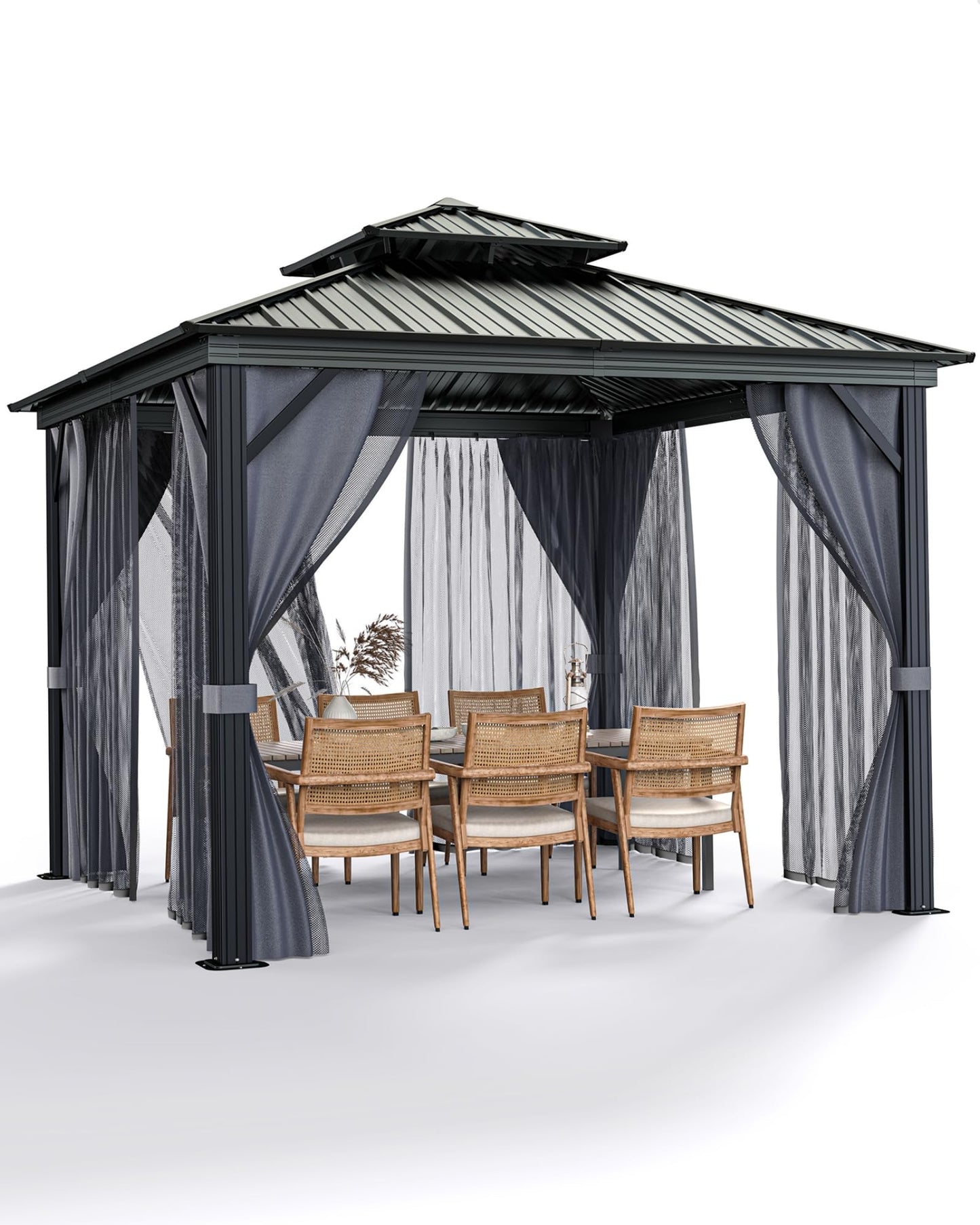 GarveeHome Outdoor Gazebo 10x10 Hardtop, Permanent Pavilion with Aluminum Frame, Double Roof, Mosquito Net & Privacy Curtains. Ideal Canopy Tent for Patio, Garden, Deck.Carpa para Patio for Parties