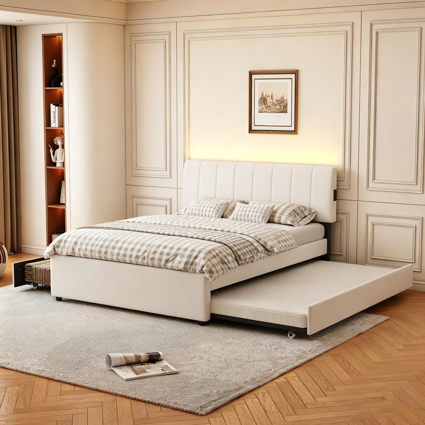 FAVSH Full Size Upholstered Platform Bed w/Trundle Bed & 2 Storage Drawers