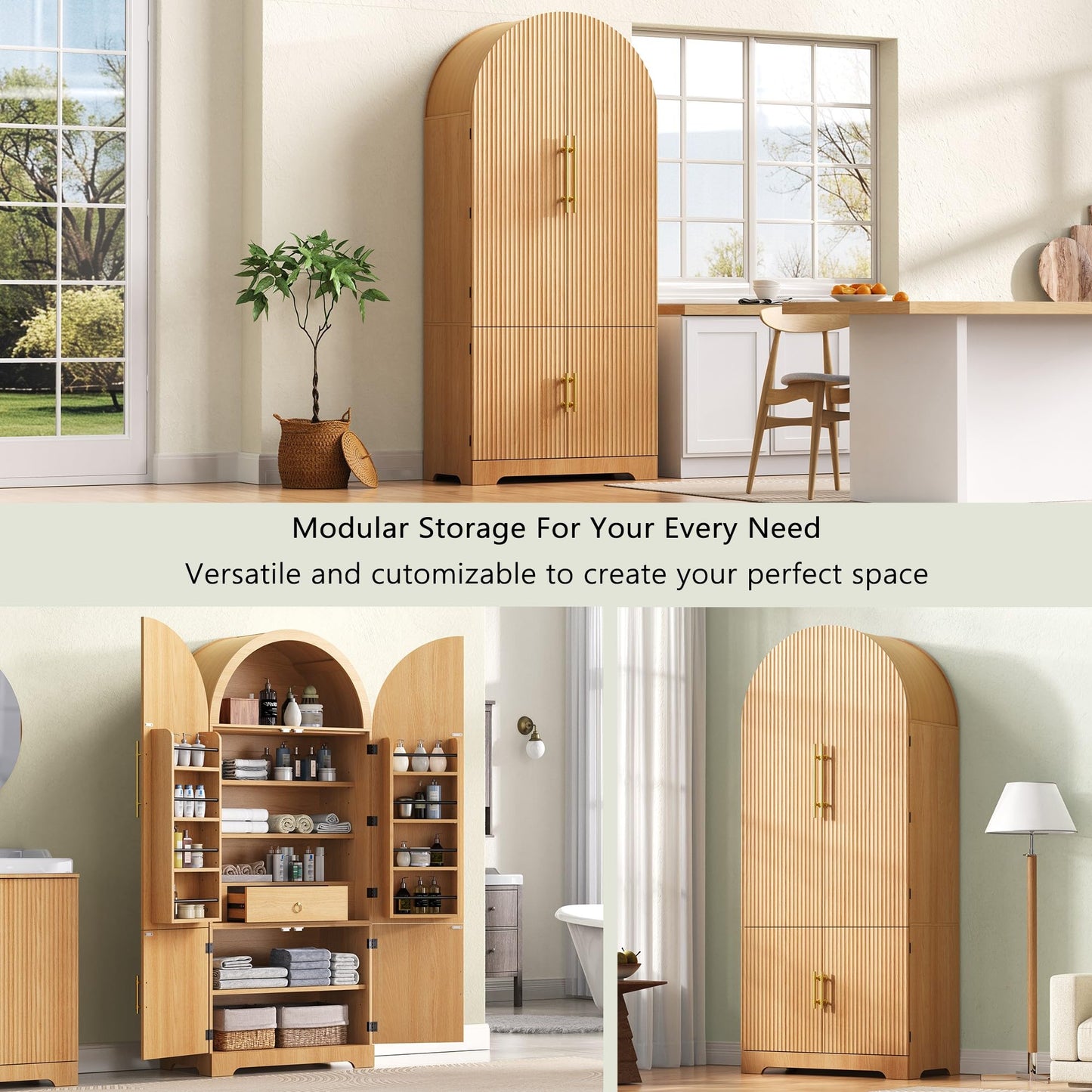 Merax 72" Tall Arched Cabinet Kitchen Pantry with 4 Doors, Fluted Storage Cabinets with 3 Adjustable Shelves & 1 Hidden Drawer & 8 Door Shelves, Versatile Cupboard for Kitchen, Dining Room, Natural