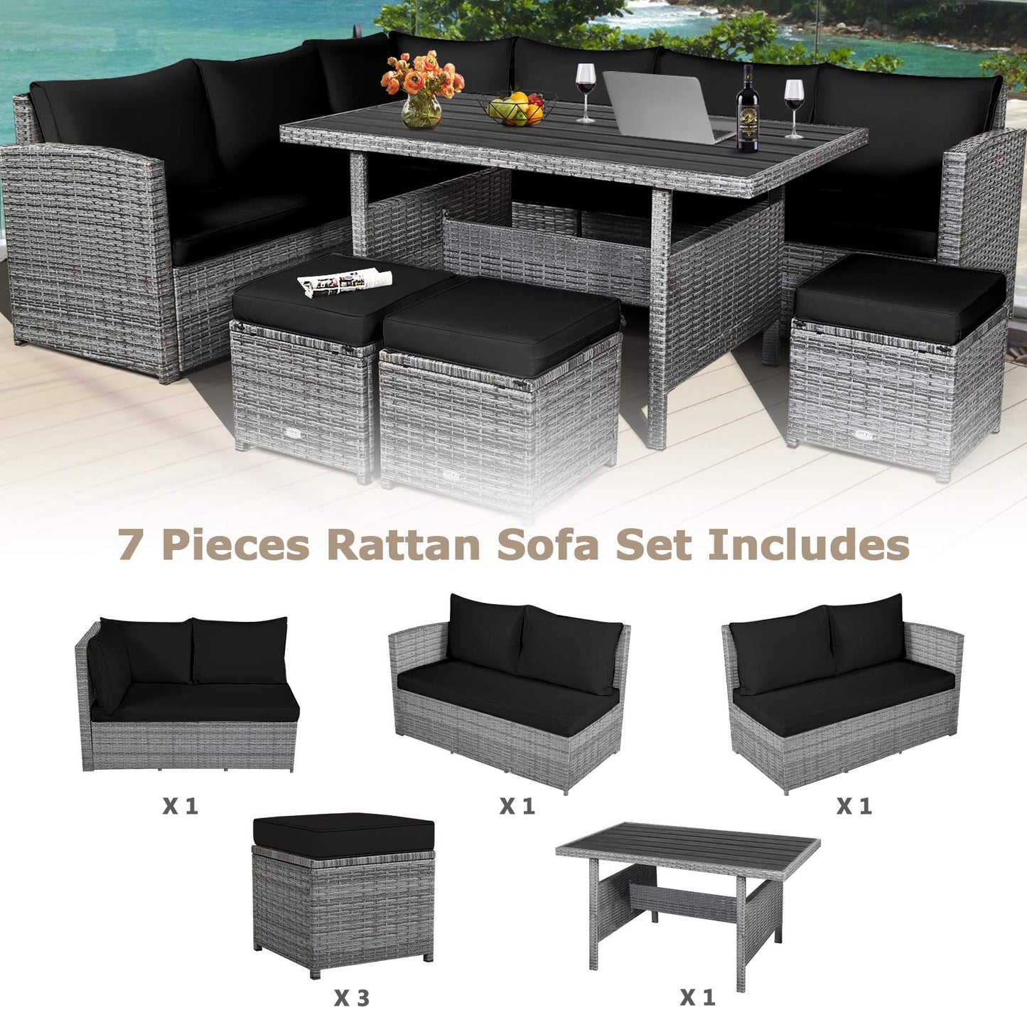 Tangkula 7 Pieces Patio Furniture Set, Outdoor Sectional Rattan Sofa Set with Cushions, All Weather Wicker Conversation Couch Set w/Dining Table & Ottomans for Backyard Garden Poolside, Black
