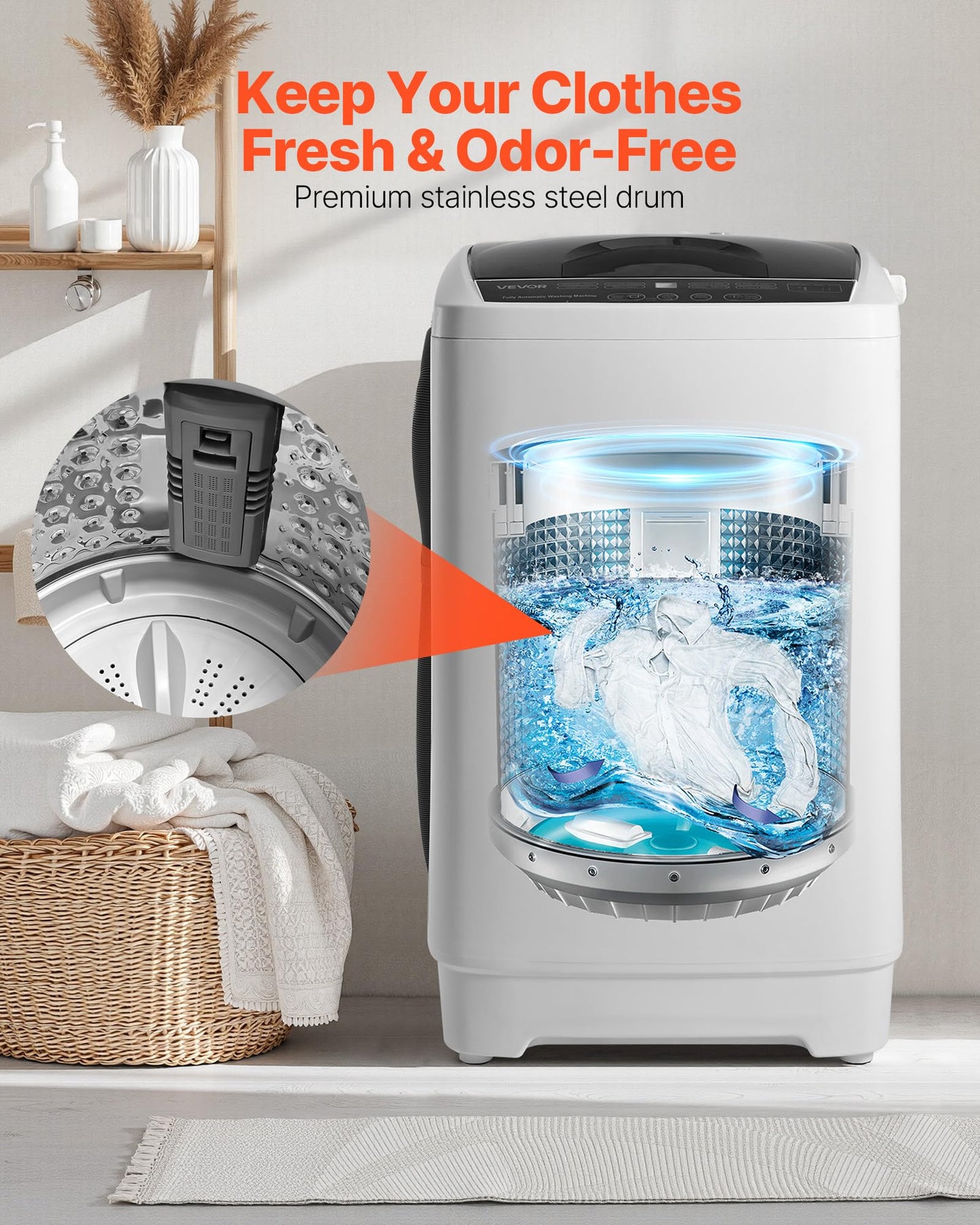 VEVOR Portable Washing Machine, Portable Washer 1.3 cu.ft with LED Display, Stainless Steel Drum, 8 Wash Programs & 6 Adjustable Water Levels, Portable Washer Machine for Apartments, RVs, and Dorms