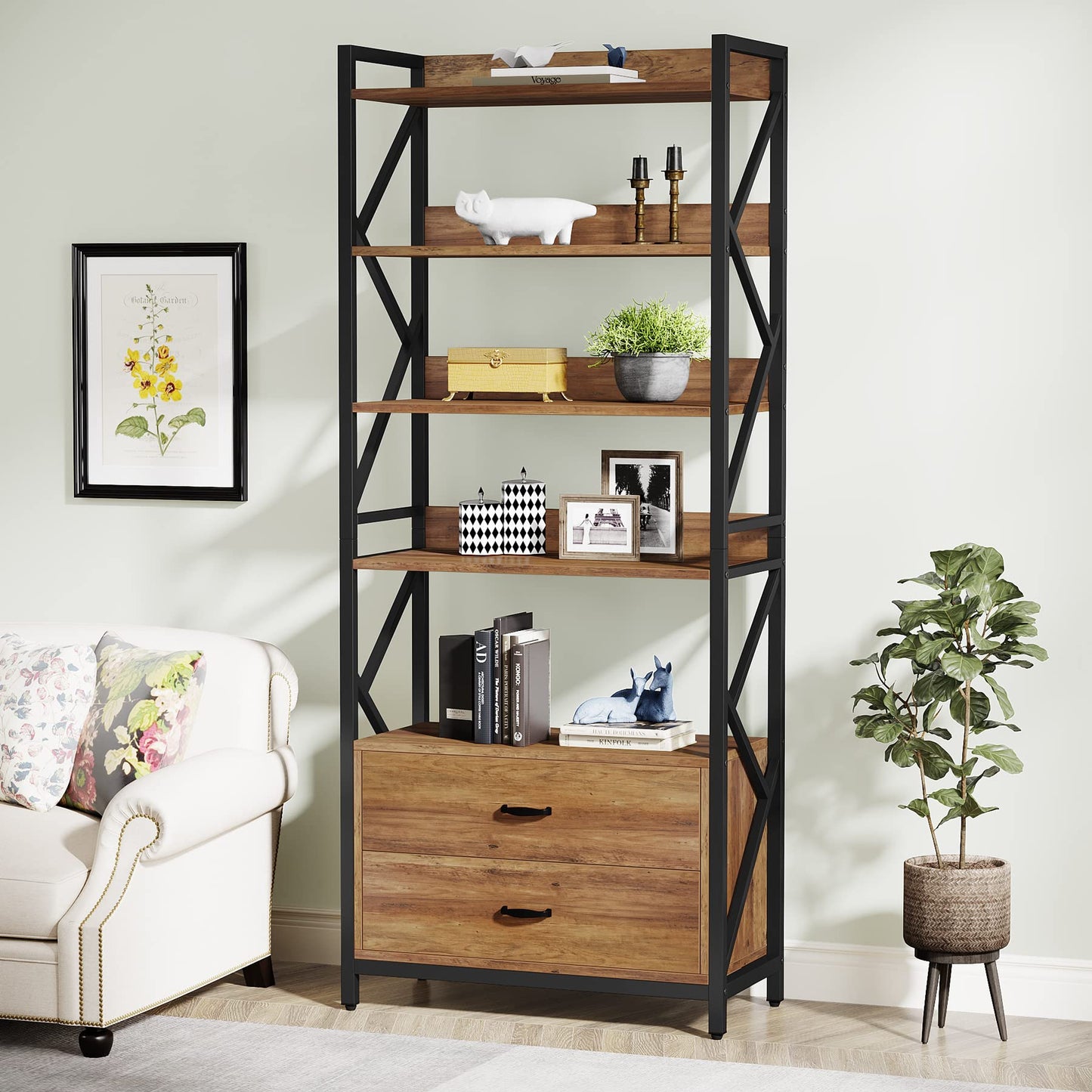 Tribesigns Bookshelf with Drawers, 70.8" Industrial Bookcase with 2 Drawers, 5 Shelf Open Shelf for Storage, Wood Book Shelf for Living Room, Bedroom, Home, Office (1, Rustic Brown)