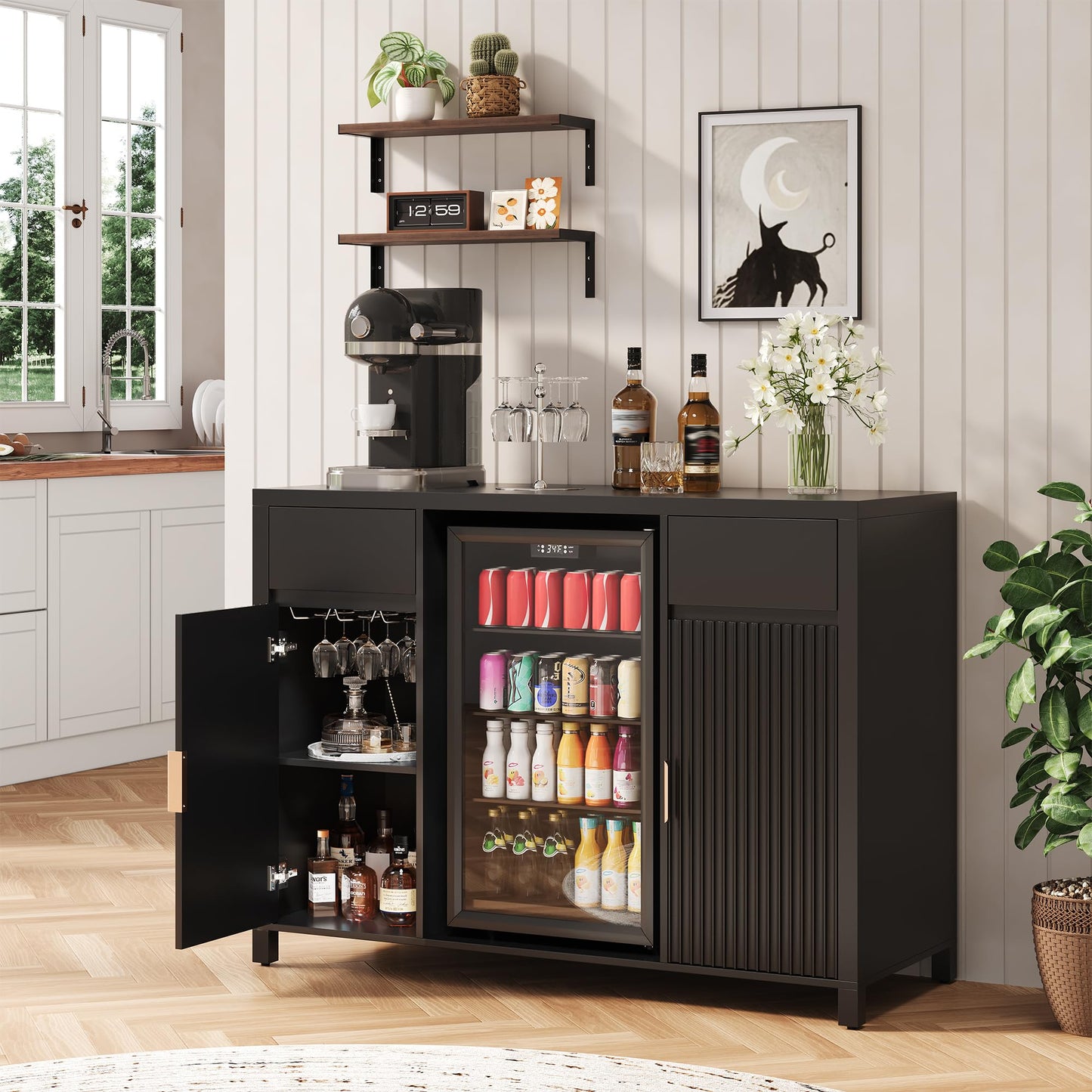 Garvee 53" Coffee Bar Cabinet with Fridge Space & Charging Station, Mini Fridge Cabinet with Wine Rack, Large Buffet Sideboard Table, Fluted Liquor Cabinet for Living Room, Dining Room, Kitchen, Black