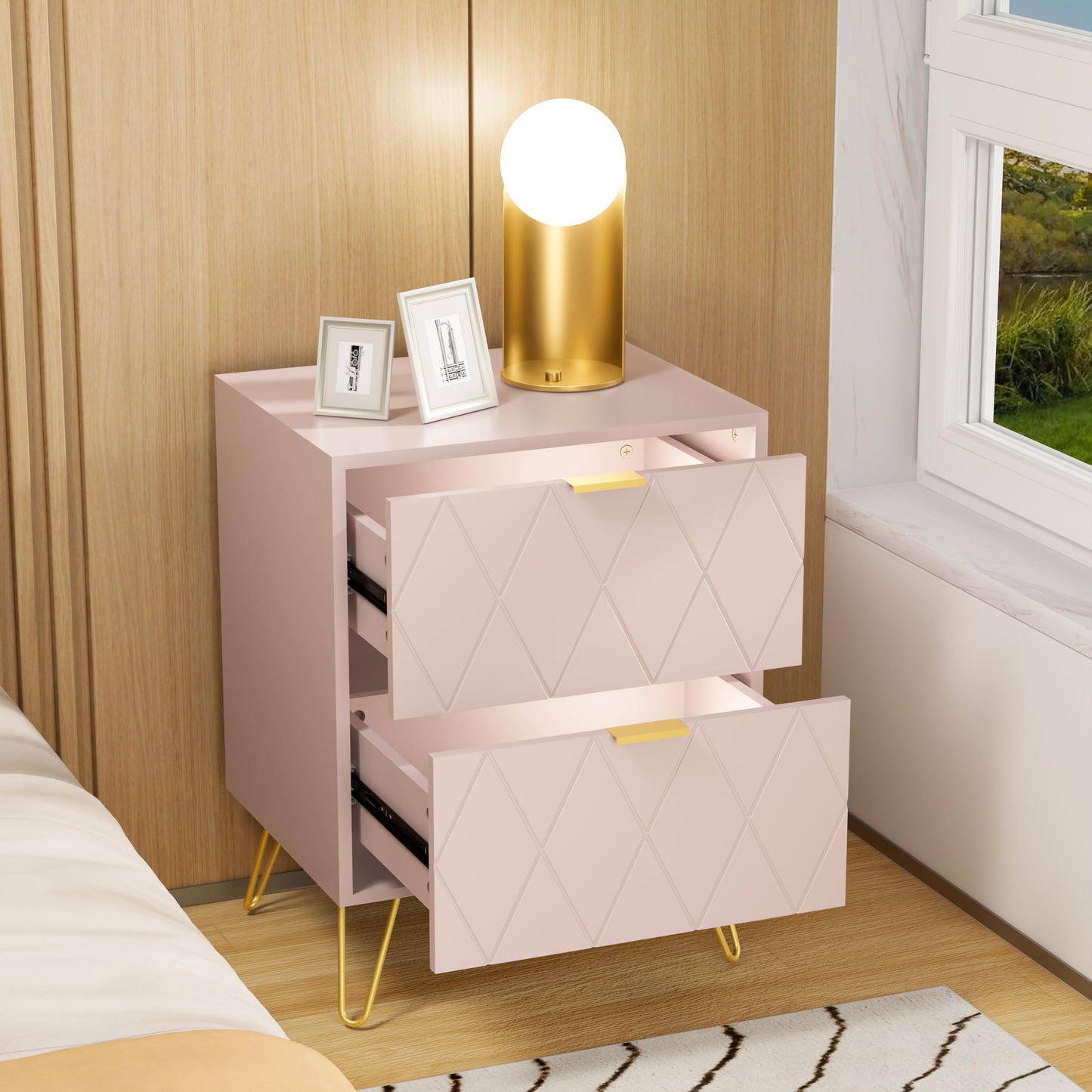 Anbuy Pink Nightstand Set of 2, End Side Table Double, Bedside Table with 2 Drawers, Dual Night Stand Set 2 Gold Legs for Bedroom Living Room