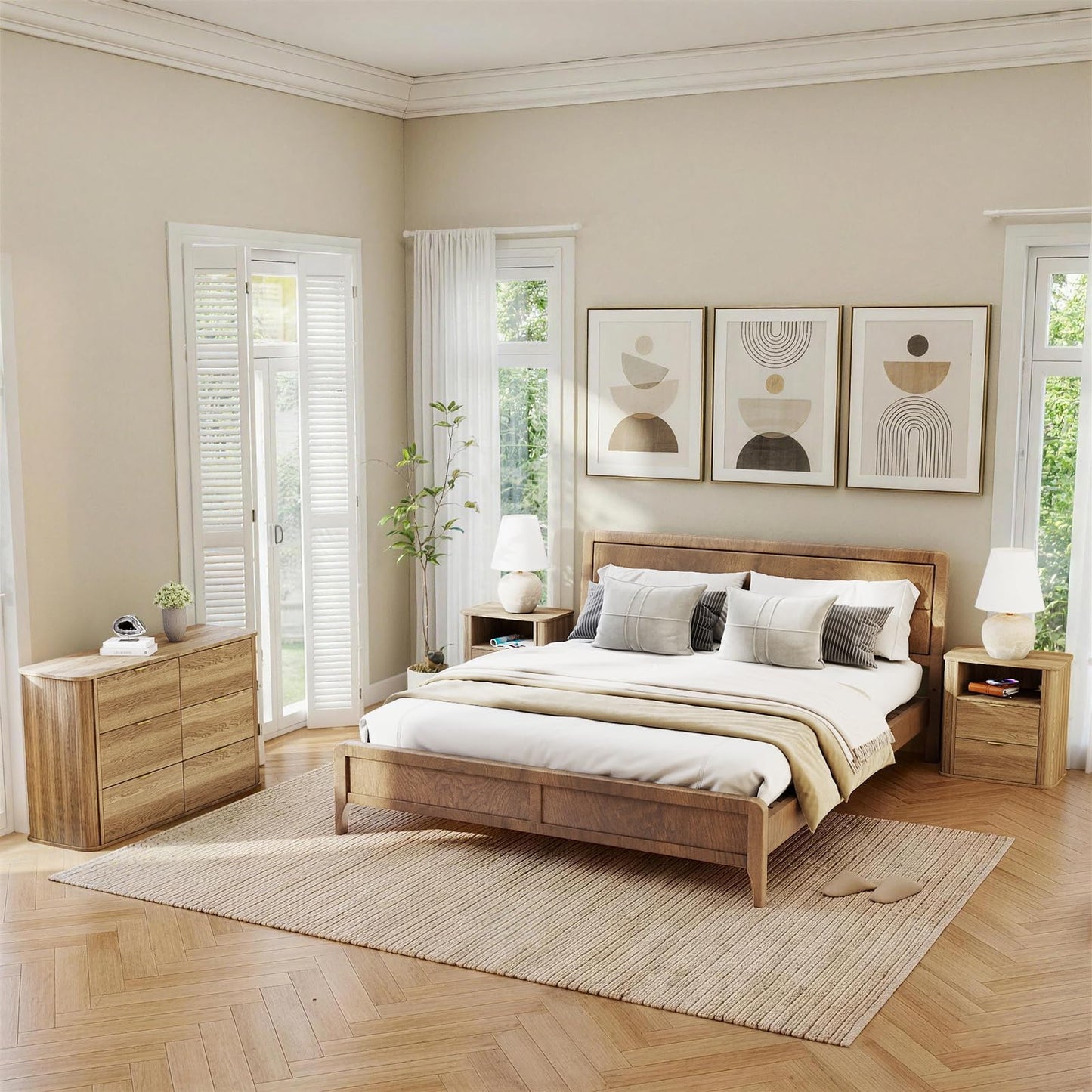 SOARMOTE 3-Piece Bedroom Furniture Set, Modern Fluted 6 Drawer Dresser & 2-Drawer Nightstands,Mid-Century Wood Storage Cabinet Set n for Bedroom, Hallway (Walnut)