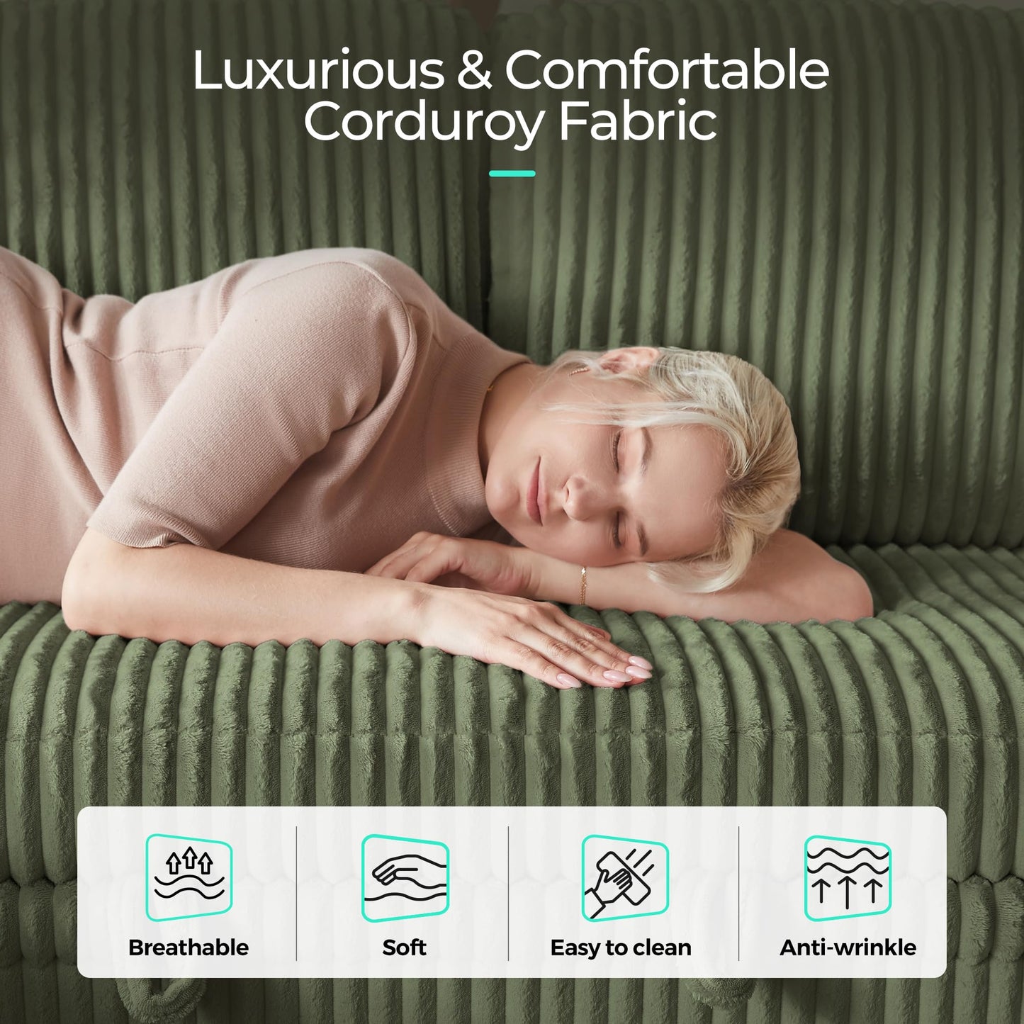 LINSY HOME Sectional Sleeper Sofa Pull Out Couches for Living Room (Green, Sleeper Sofa 1) | Pull Out Sofa Bed, Storage, USB Charging, Cup Holders, Plush Corduroy