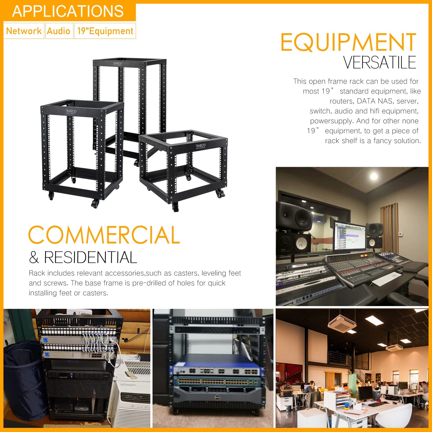 RIVECO 15U Server Rack Floor Standing Open Frame with Wheels- 19-inch 4 Post Quick Assembly AV Rack Network Heavy Duty Durable Black