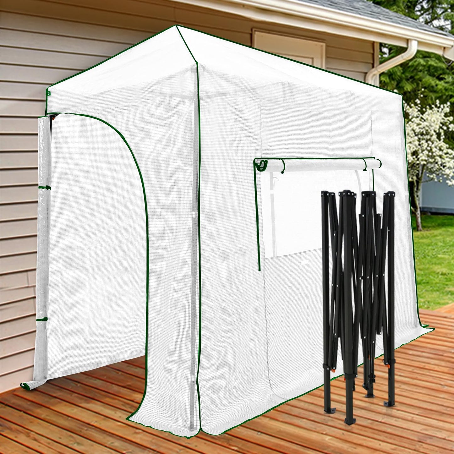 EAGLE PEAK 10x5 Portable Walk in Greenhouse, Pop Up Indoor Outdoor Greenhouse, Green House Kit with Zippered Roll-Up Doors and Windows, Lean-to Design, PE Cover, Clear/White