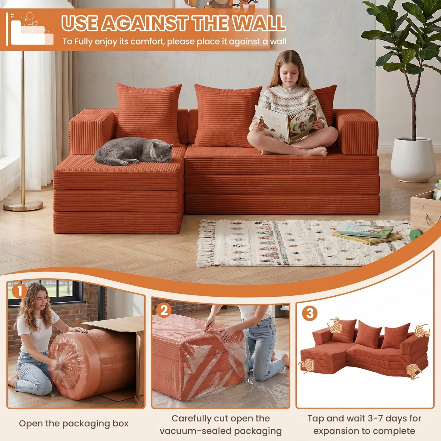 65" Modular Sectional Sofa, Boneless Convertible Sleeper Sofa Bed, Modern Tri-Folding Cloud Couch with L-Shape Chaise, Corduroy Futon Couches for Living Room Small Spaces Apartment,No Assembly, Orange