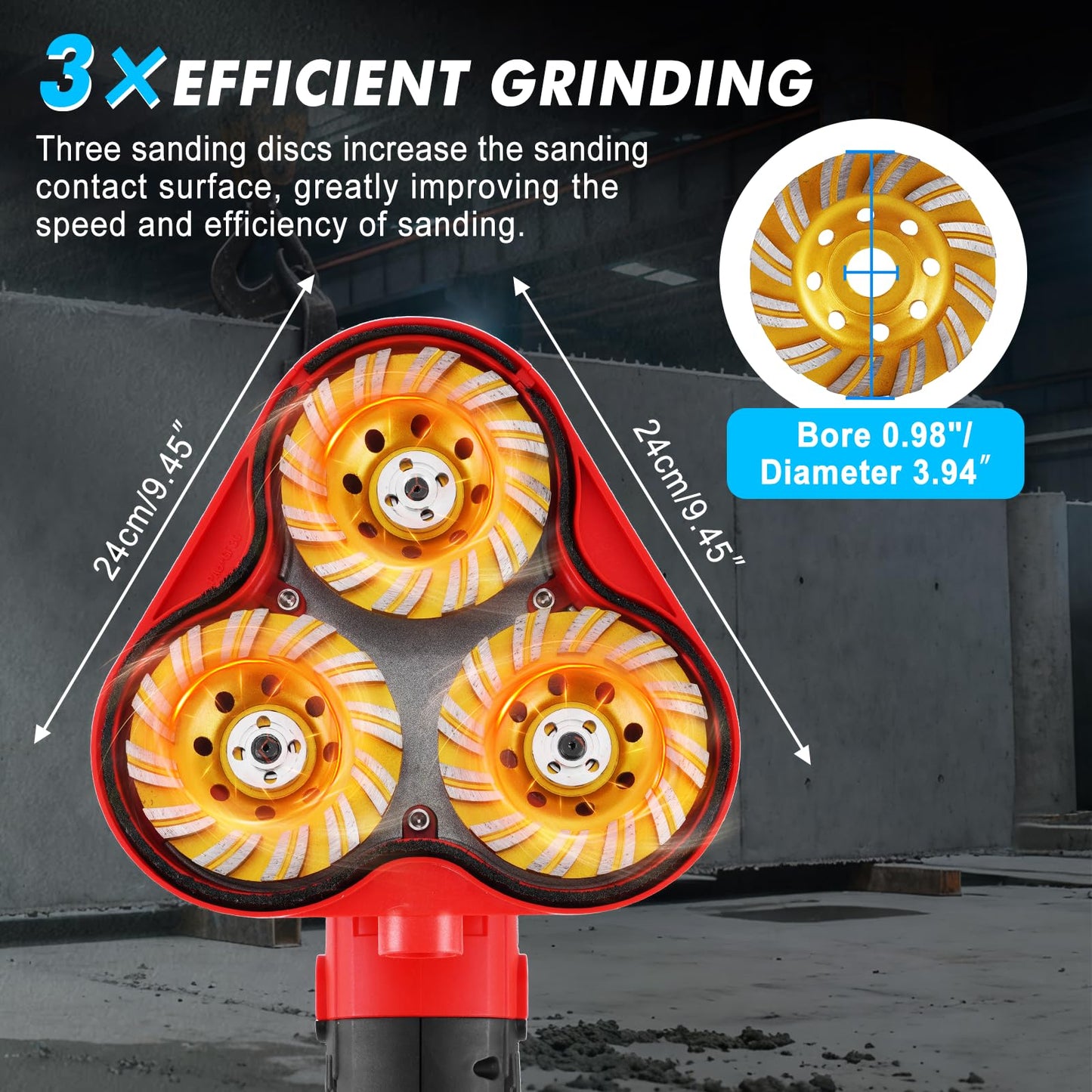 YUCHENGTECH 3 Head Concrete Grinder 4" Concrete Floor Grinder 2800W 6 Speed Concrete Surface Planer with Dust Extraction Shroud & Extendable Rod for Grinding Concrete Cement Marble Granite