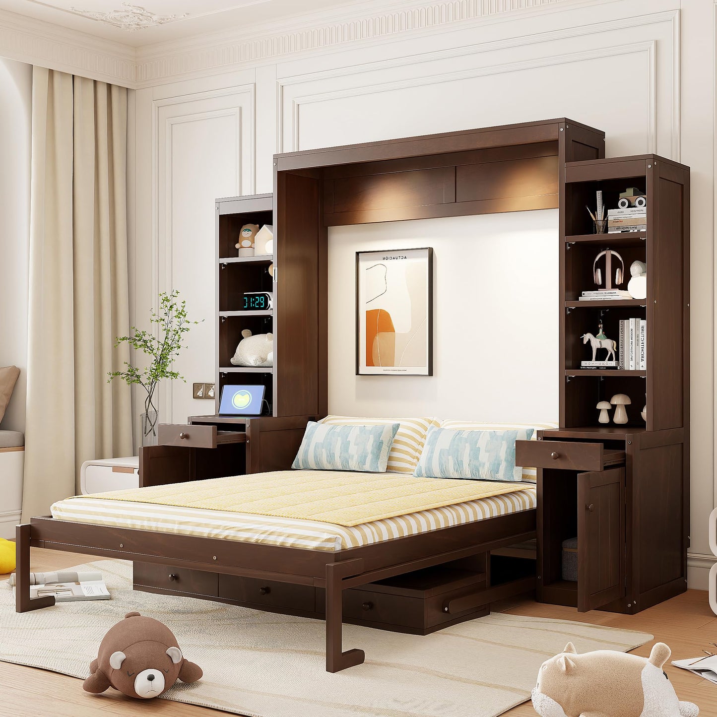 Merax Murphy Bed with Desk, Storage Cabinets and Drawers, Wood Wall Bed with Shelves, Convert to Cabinet, Space-Saving, Queen Size, Dark Brown