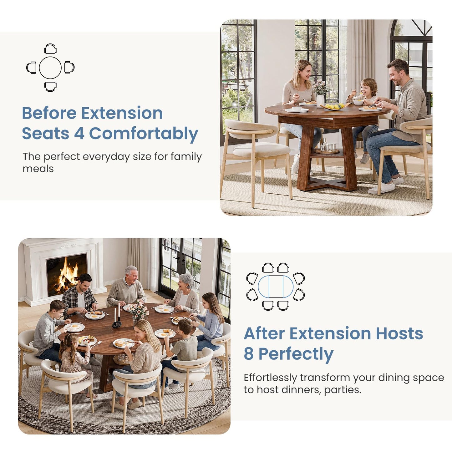 HAPPYMONT Extendable Round Dining Table for 4-8, Space Saving Kitchen Wooden Table with Storage Shelf and Sturdy Base for Kitchen, Dining, Living Room, Brown