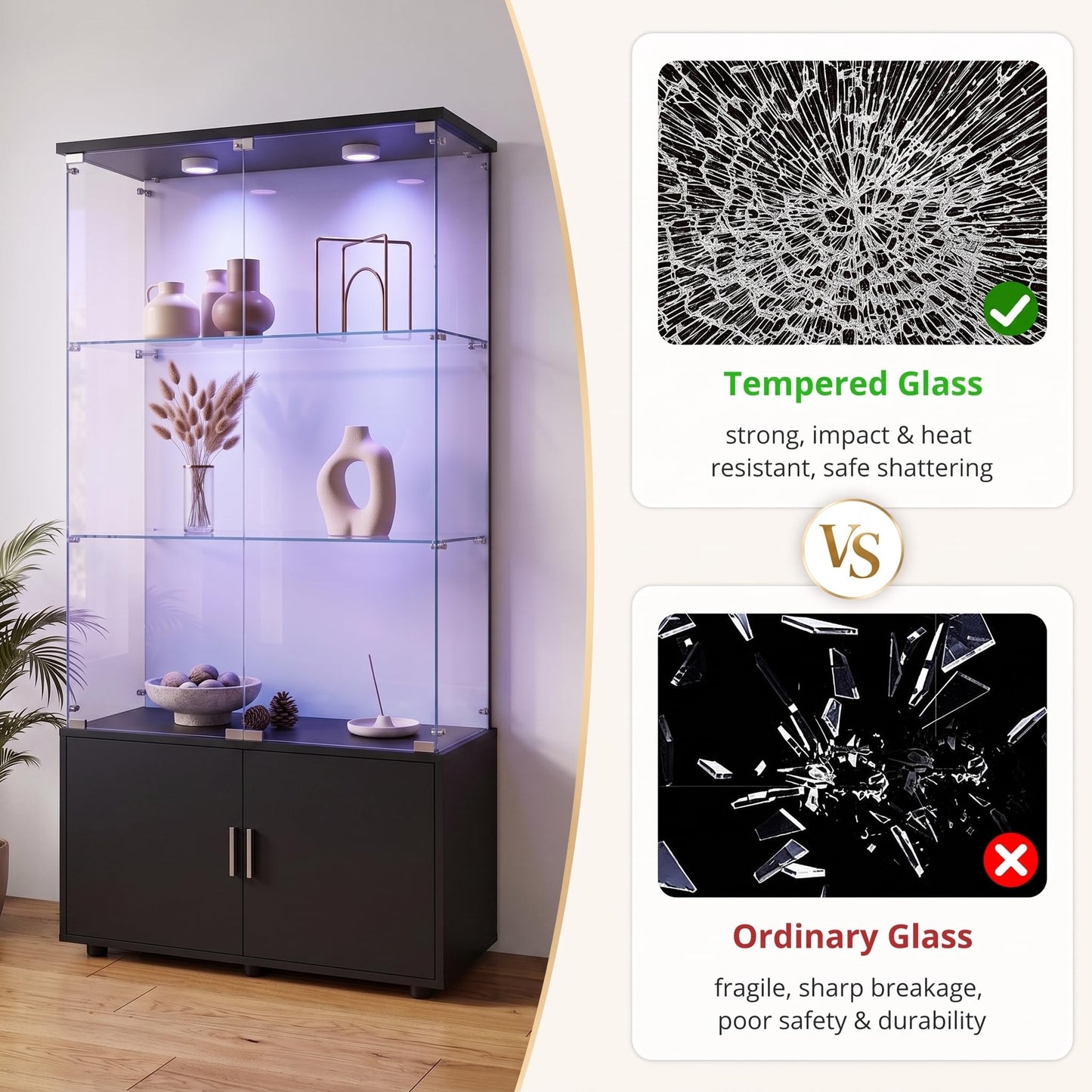 Zevemomo Tempered Glass Display Cabinet with Lights, Double Door, Black