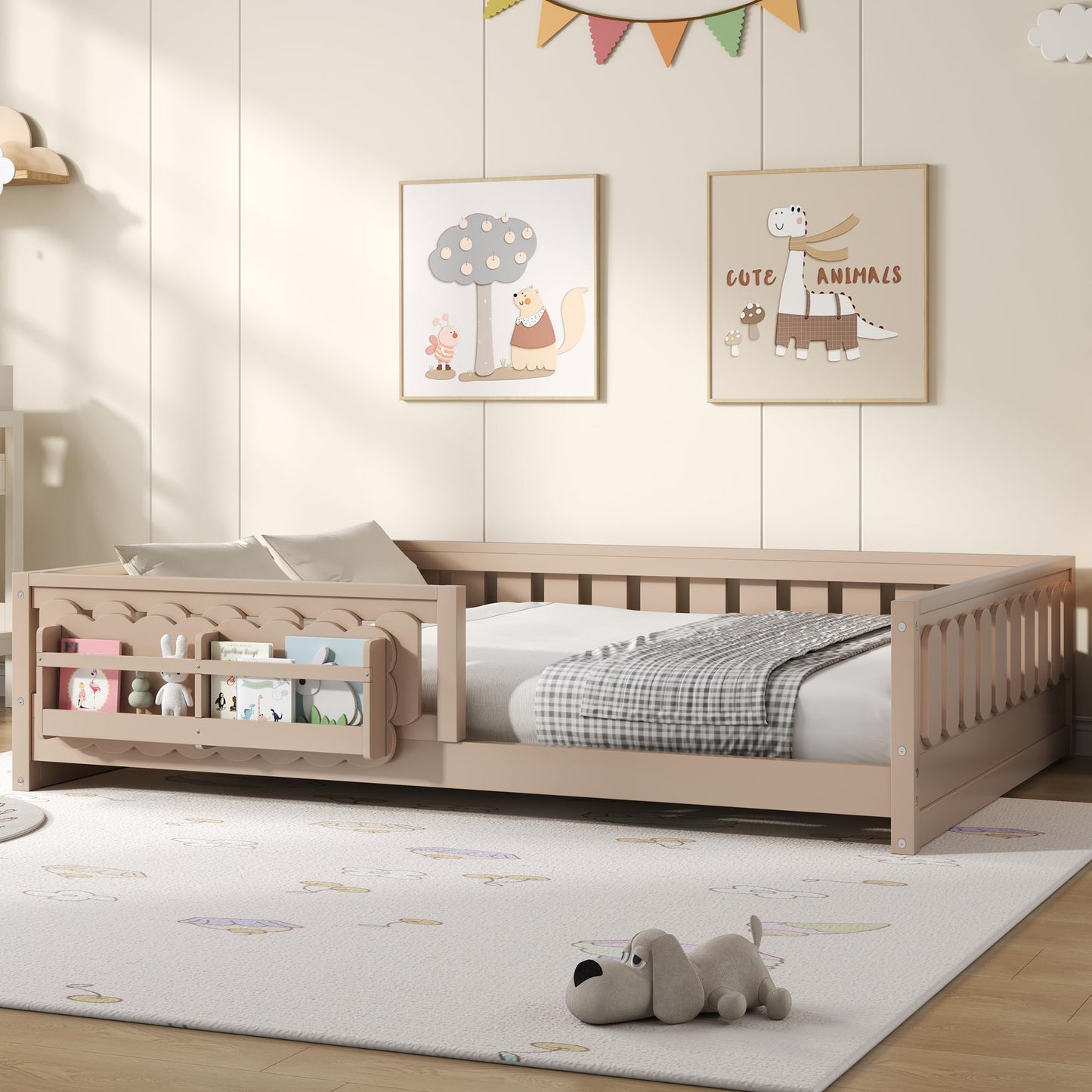 Merax Full Size Platform Bed with Guardrail, Storage Bookshelves - Solid Pine Wood & MDF, No Box Spring Needed, High Weight Capacity (600lbs), Easy Assembly, Natural