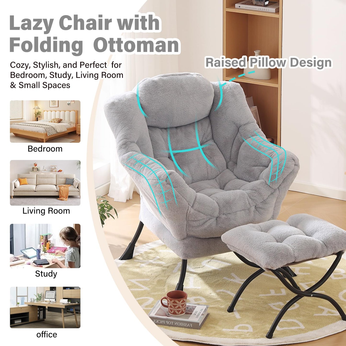 Furlide Lazy Chair with Ottoman, Modern Accent Chair with Armrests and a Side Pocket, Plush Grey Accent Chairs, Reading Chairs, Oversized Armchairs for Bedroom, Study, Living Room, Courtyard