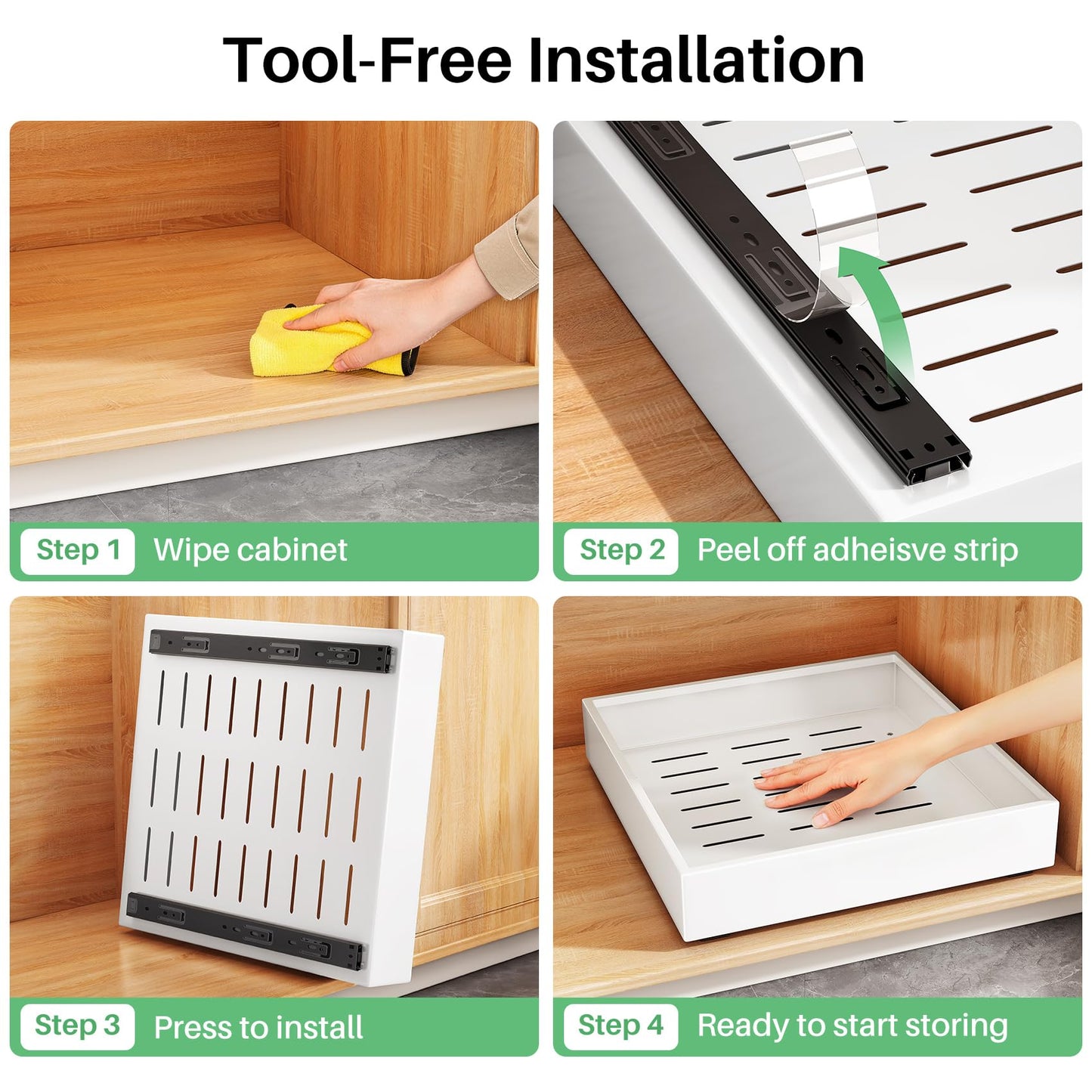 4 Pack Pull out Cabinet Organizer, 21"Deep, Heavy Duty Full-extension Slide out Drawers for Kitchen Cabinet, Roll out Shelf Storage with Nano Adhesive for Pots, Bathroom, Pantry, Home, White