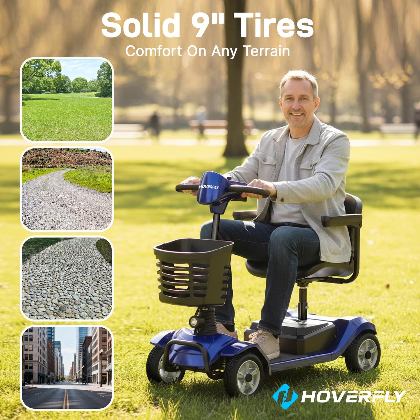Hoverfly T4 Mobility Scooter for Seniors, Max 12.4-Mile Range & 3.7 mph, 3-Position Seat & Anti-slip Rear Wheel, Removed Battery&Quick Fold Design, Solid 9" Tire&330 lb Capacity, Ease of Assembly Blue