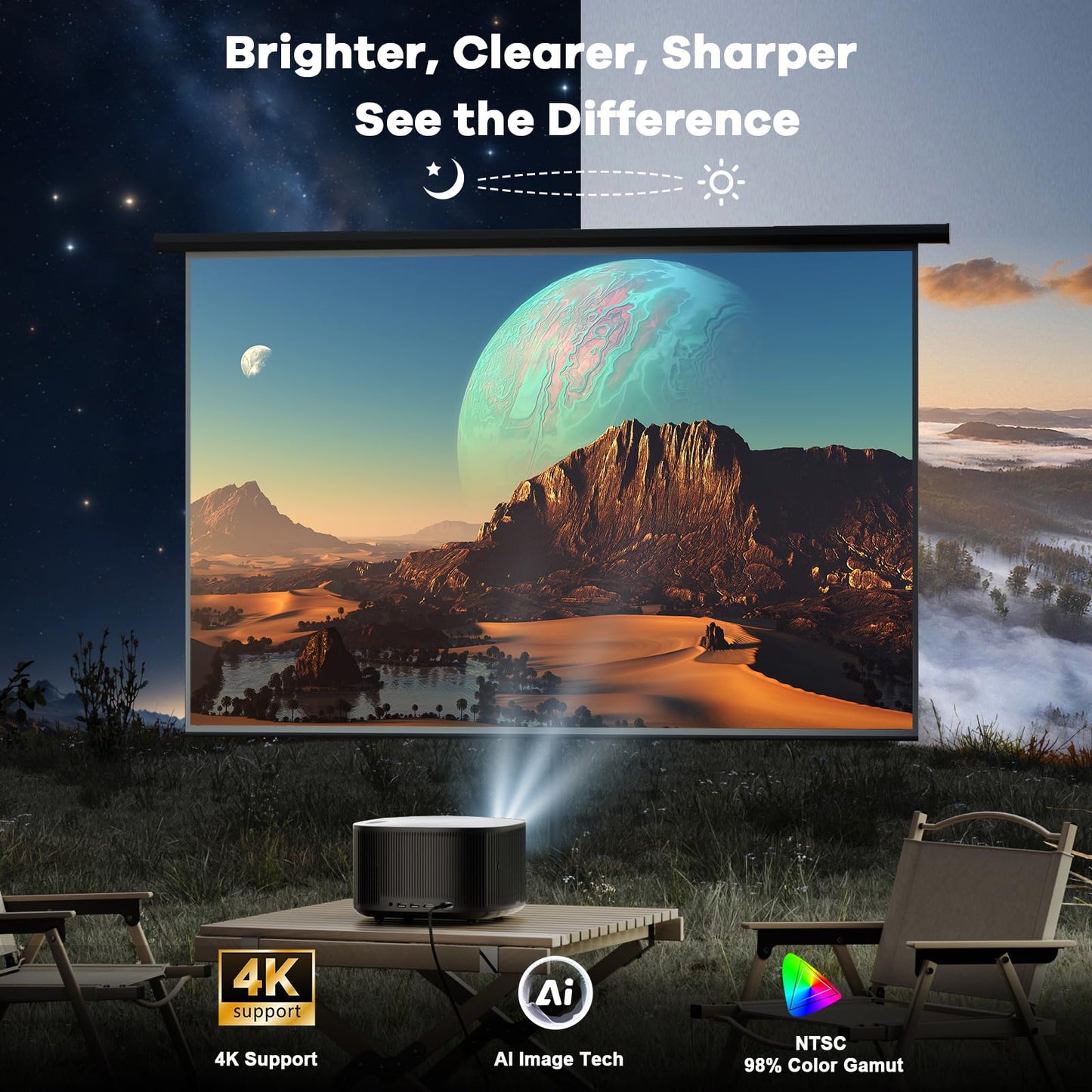 Outdoor-Projector-4K with WiFi and Bluetooth:[3500 Bright/60W Dolby Audio/Official Licensed Apps],Smart-Projector with AI Auto Focus,ONOAYO ONO5Pro 2.0 Movie Projector for Indoor/Outdoor 2026New