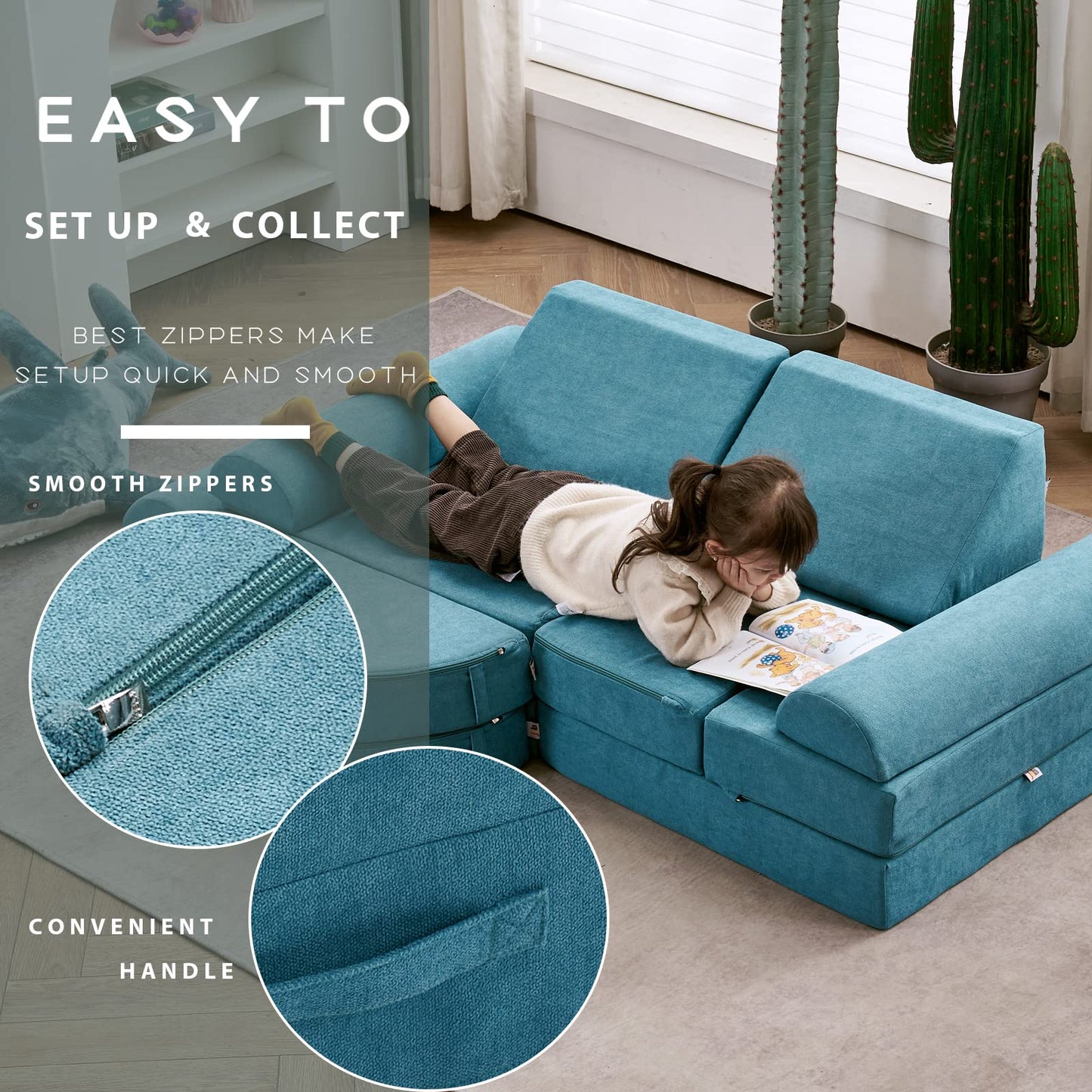 jela Couch 14PCS Luxury, Floor Sofa Modular Furniture for Adults,Kids. Playhouse Play Set for Toddlers Babies, Modular Foam Play Couch, Modular Sectional Sofa (Teal, 57"x28"x18")