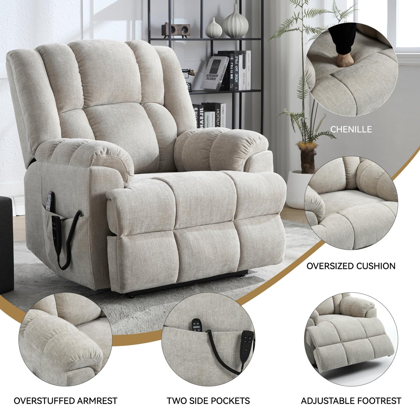 KEIKI Oversized Dual Motor Power Lift Recliner Chair for Elderly, Chenille Upholstery Breathable Rocking Chair with Back Massager and Heated, Living Room Lounge and Family Comfort, Beige