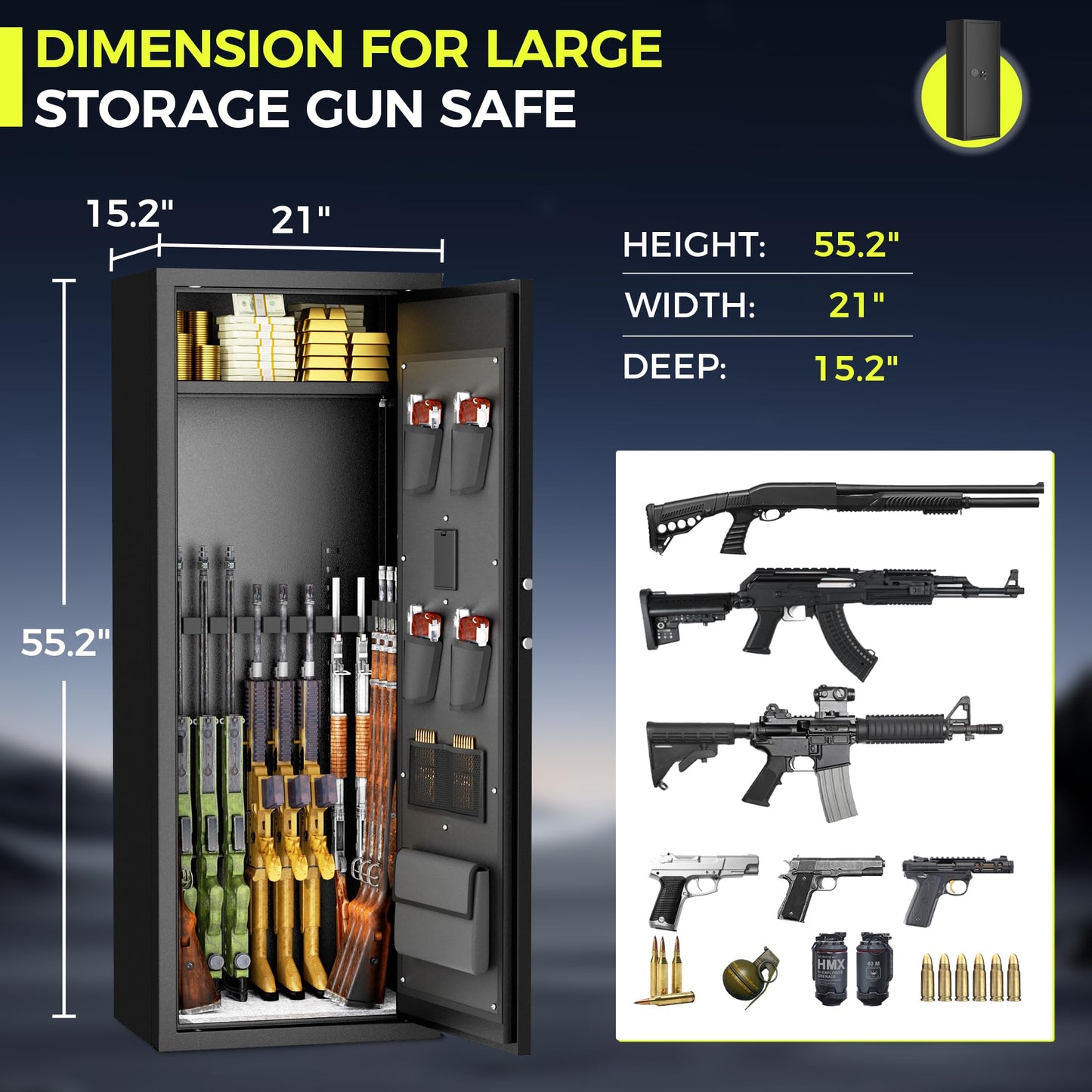 Superday 12-15 Gun Safe for Home Rifles and Pistols, Quick Access Large Gun Safe for Rifles, Gun Cabinets for Rifles and Shotguns with Keyboard Lock, 3 Adjustable Racks, Pockets(Black)