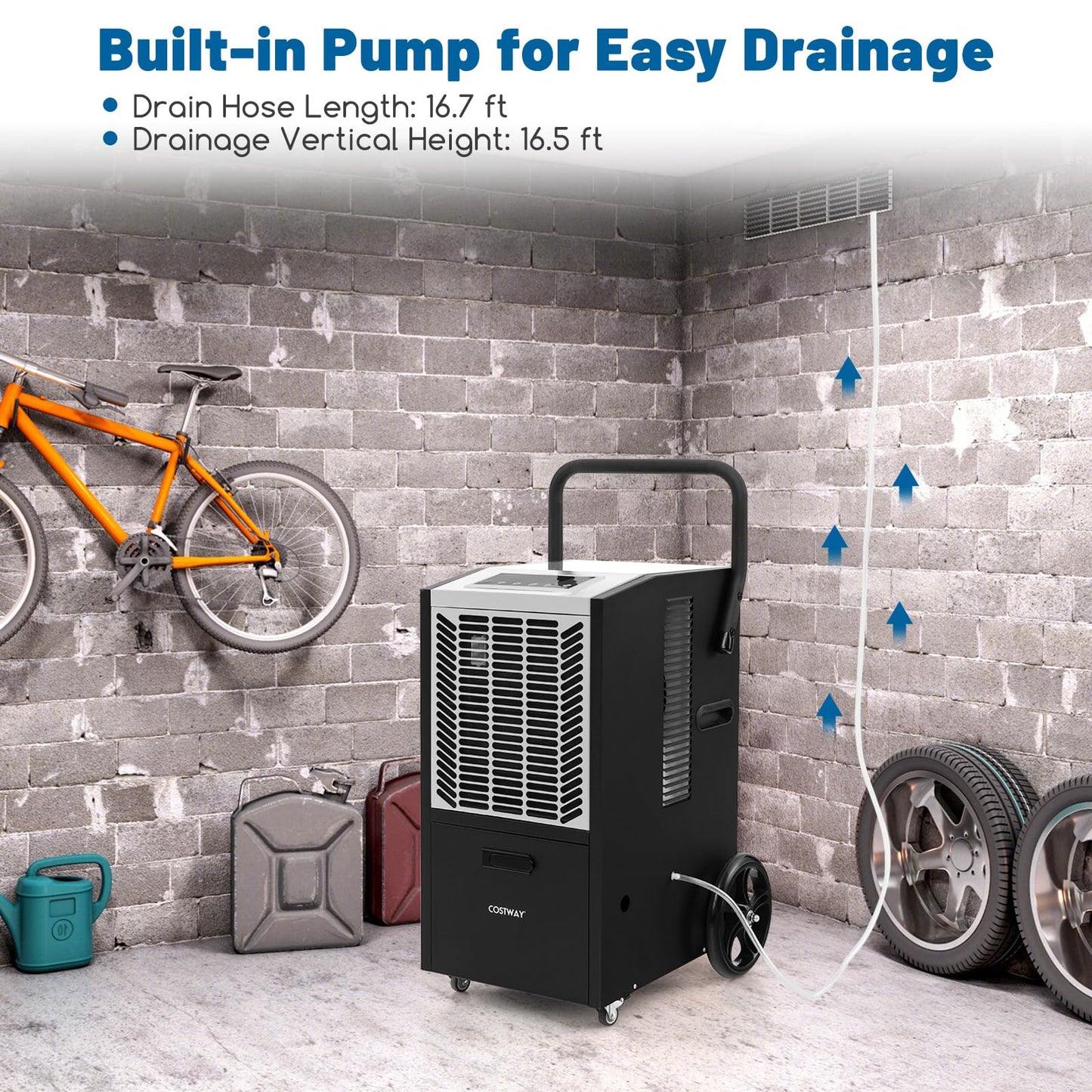 COSTWAY 163 Pints Commercial Dehumidifier, 4500 Sq.Ft Crawl Space Dehumidifier with Pump & Drain Hose, 24H Timer, for Basement, Warehouse, Job Site (White)