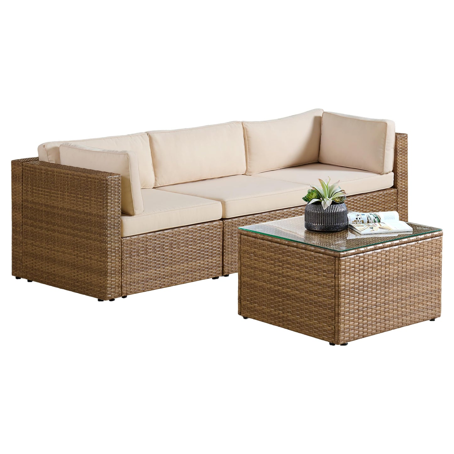 Alaterre Furniture Montara 4 Piece Modular Outdoor Patio Furniture Set - Weather-Resistant Wicker Rattan Patio Set with Outdoor Couch and Coffee Table for Backyard, Porch, Deck or Poolside (Tan/Cream)