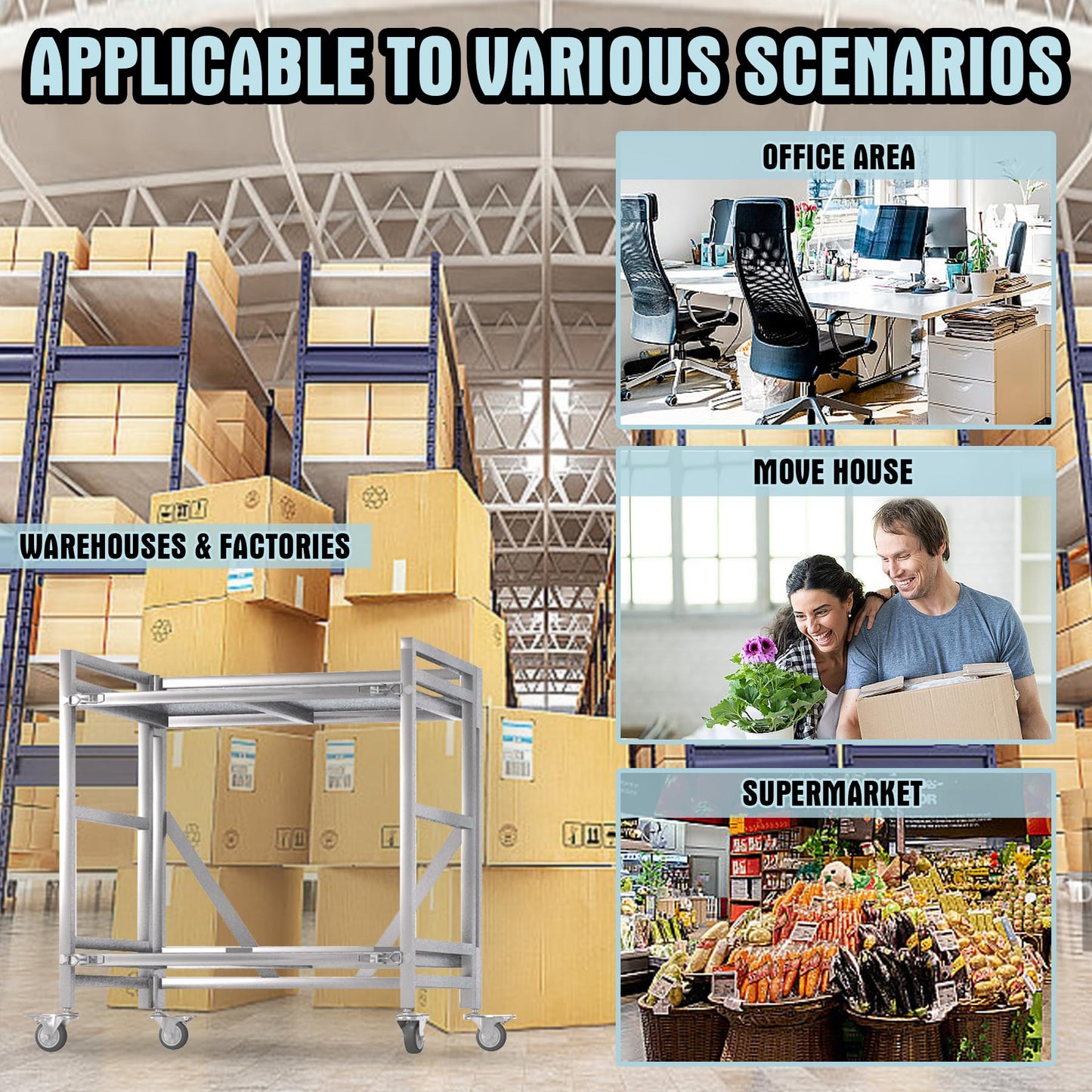 2 Shelf Rolling Cart with Wheels, 660lbs Capacity Collapsible Steel Rolling Utility Cart, Heavy-Duty Foldable Workbench, Metal Rolling Storage Cart with Handle for Groceries, Warehouse (36" Lx26 W)