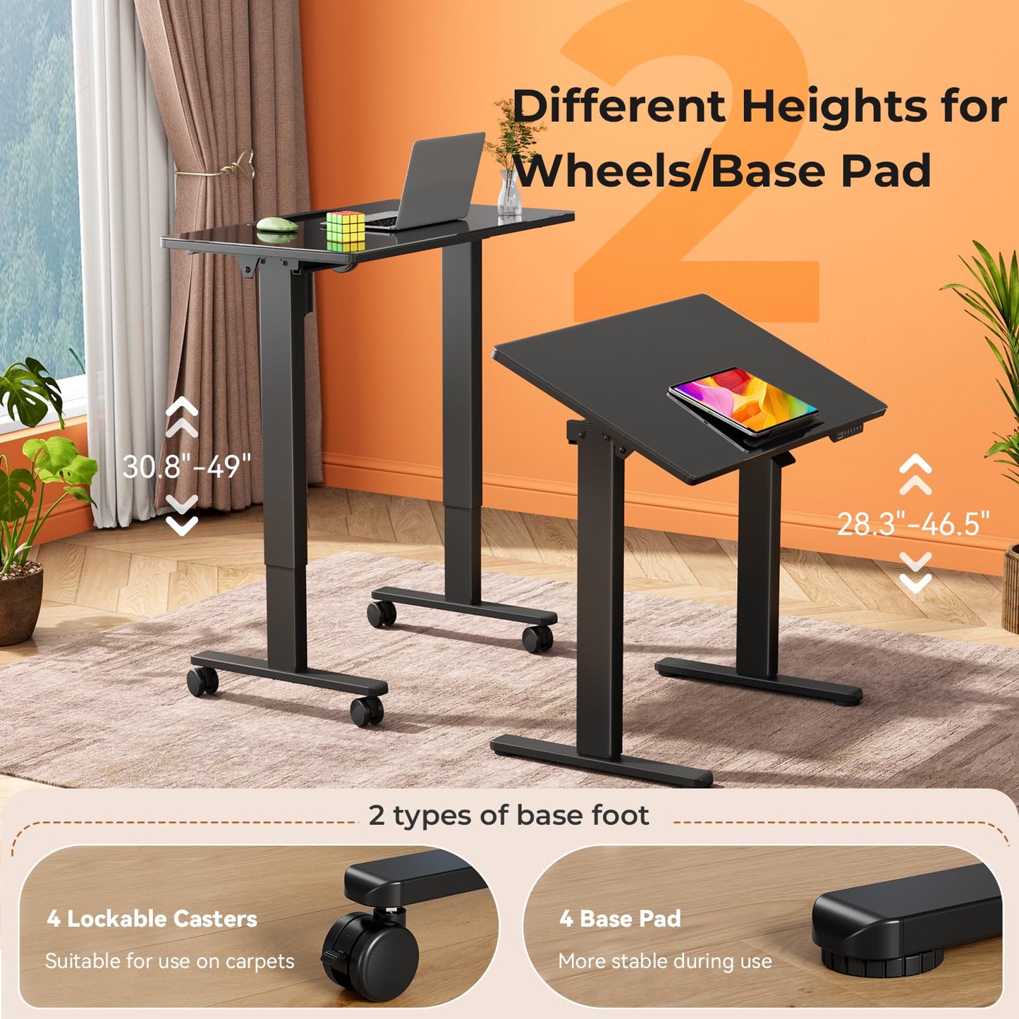Liftsync Glass Standing Desk，35inch Whole Piece Rolling Sit Stand Table with Wheels，90° Tiltable Mobile Rising Height Adjustable，Foldable Top Suit for Small Laptop，Black