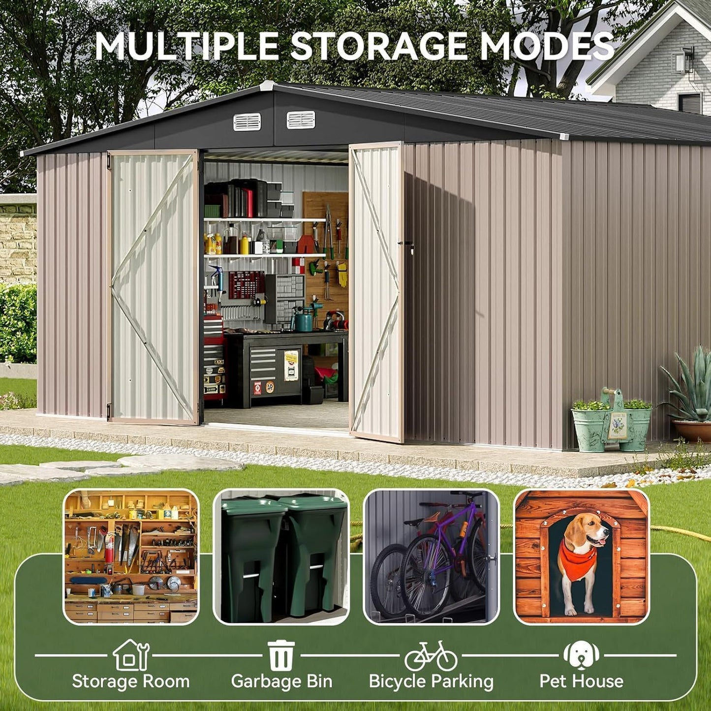 Aoxun 14x12 FT Large Outdoor Storage Shed, Galvanized Metal Shed with 2 Lockable Tall Doors & Sloped Roof, Heavy Duty Utility Tool Storage House for Patio, Garden, Backyard, Lawn (Brown)