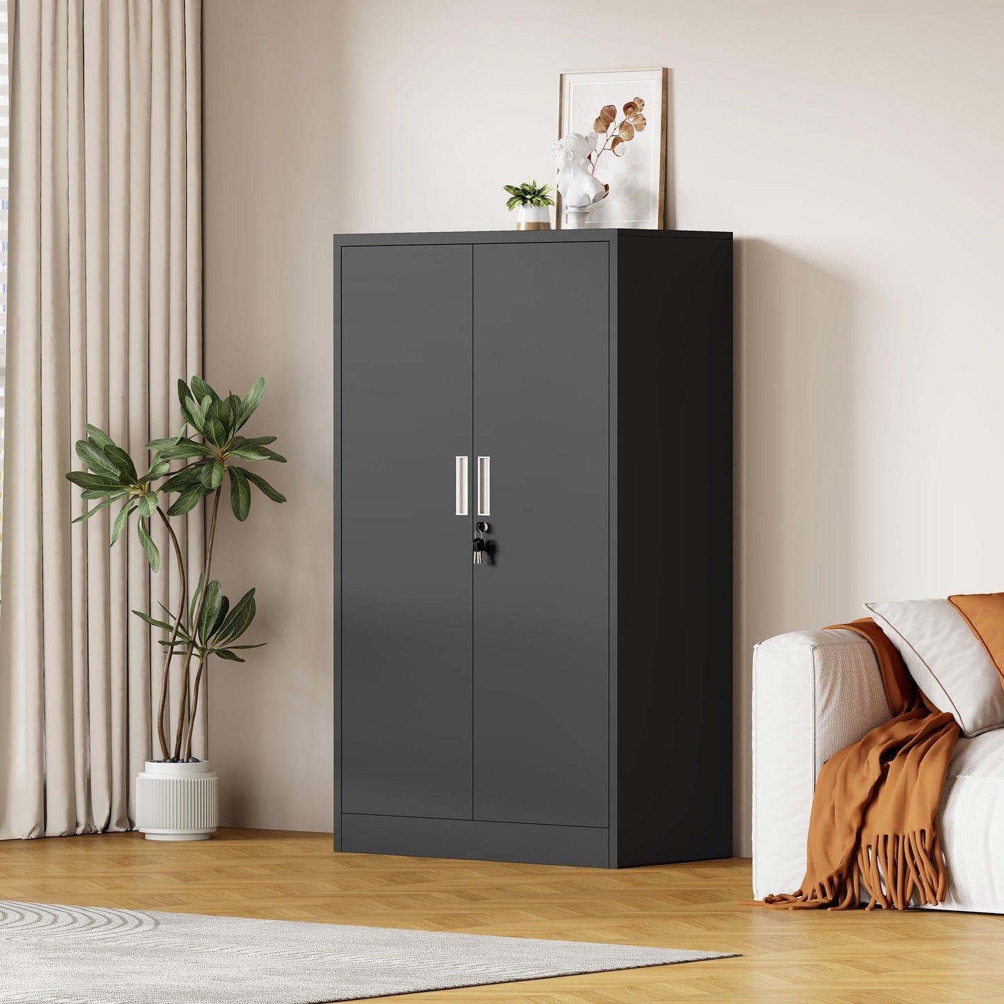 JINKUR Metal Storage Cabinet with Locking Doors and 3 Adjustable Shelves, Lockable Storage Cabinets for Home Office Garage Kitchen Pantry (Black)