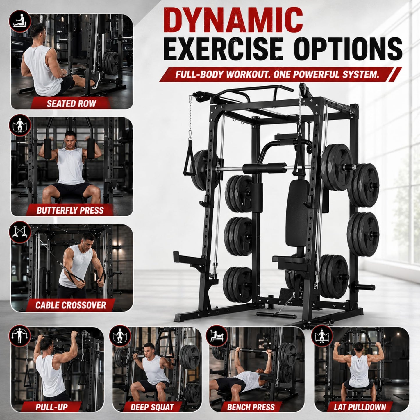 Smith Machine Squat Rack with Butterfly Chest Sation, Multi-Function Home Gym Power Cage with Cable Crossover, LAT Pulldown, 8 Weight Storage Pins & T-Bar for Full Body Strength Training