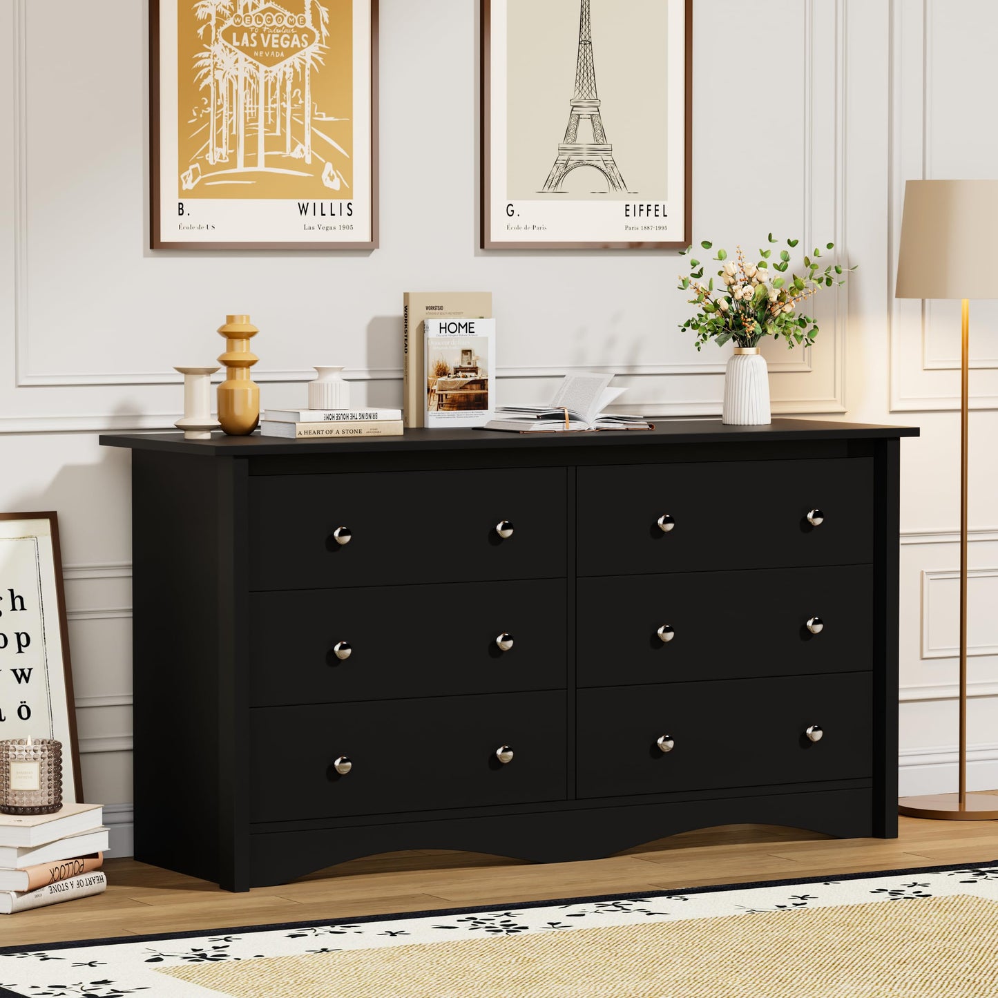 Flamaker Dresser for Bedroom, 6 Drawer Dresser, 47.2'' Wood Dressers, Wide Chest of Drawer, Storage Drawers, Storage Organizer for Closet, Hallway (Black)