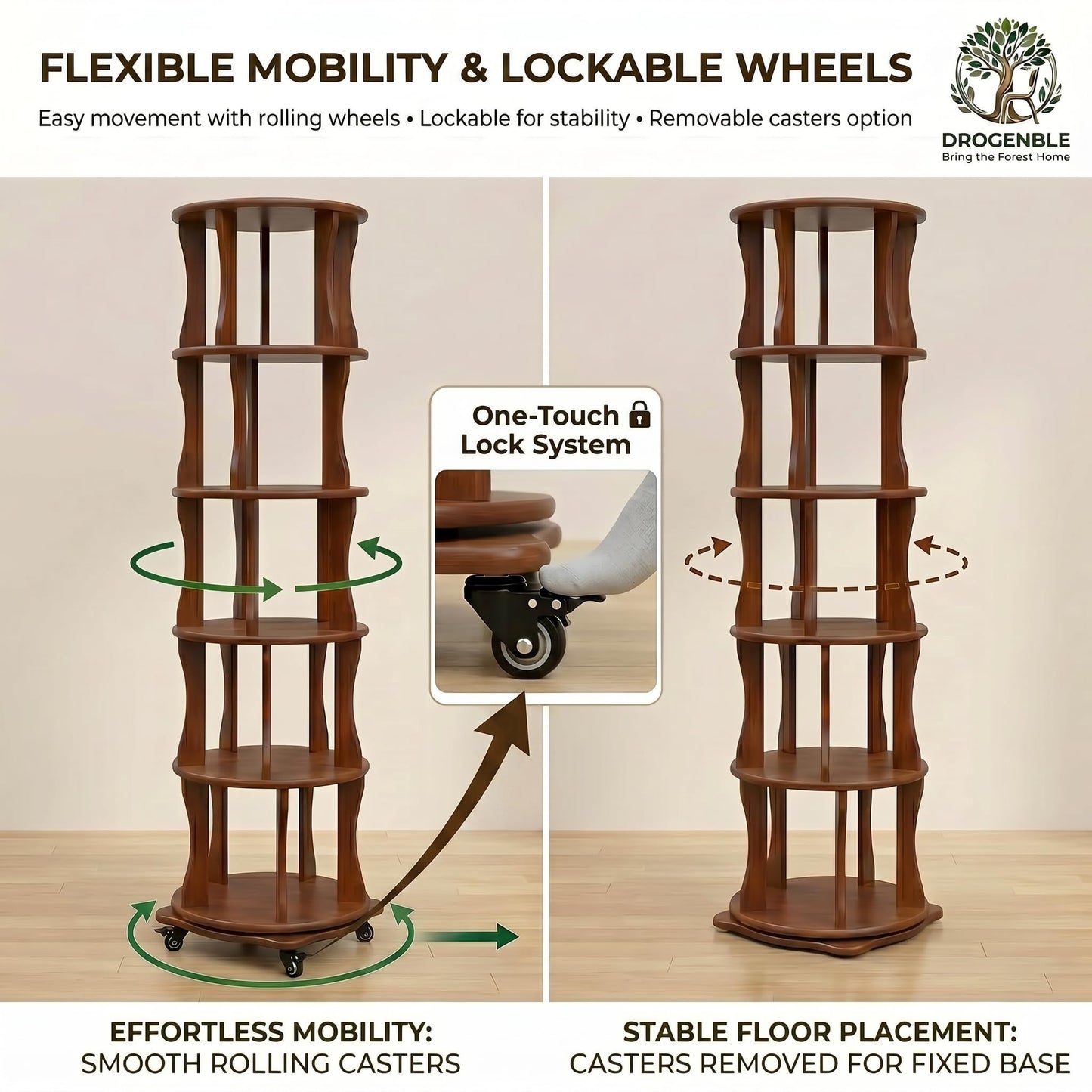 5 Tier Solid Wood Rotating Bookshelf with Wheels, Round Revolving Bookcase Organizer, 360° Spinning Storage Shelf for Corner, Small Narrow Spaces, Home, Office, BedRoom,Living Room,Study Room