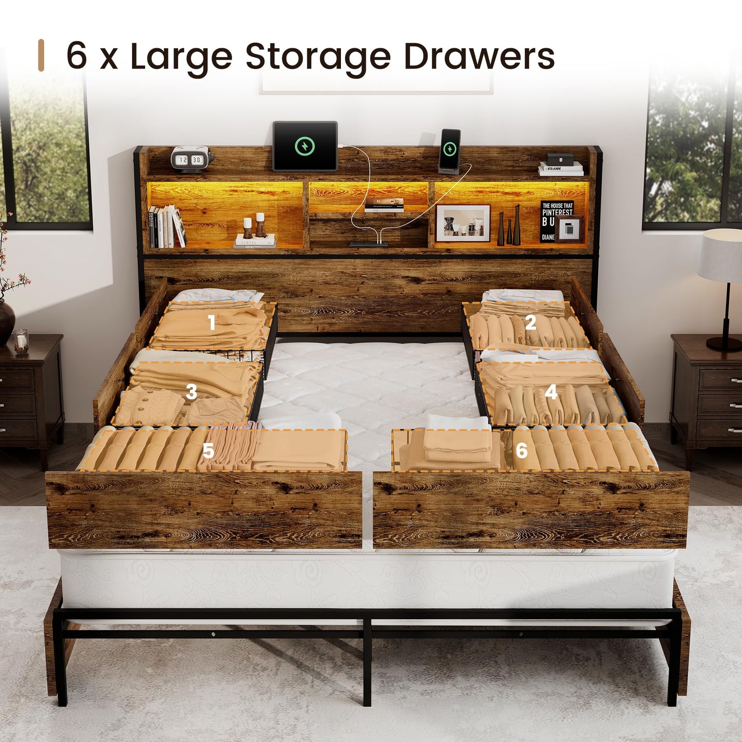 BRELTAM King Storage Bed Frame with 6 Drawers, USB Charging Station, No Noise, No Box Spring Required, Vintage Brown Headboard Platform Bed