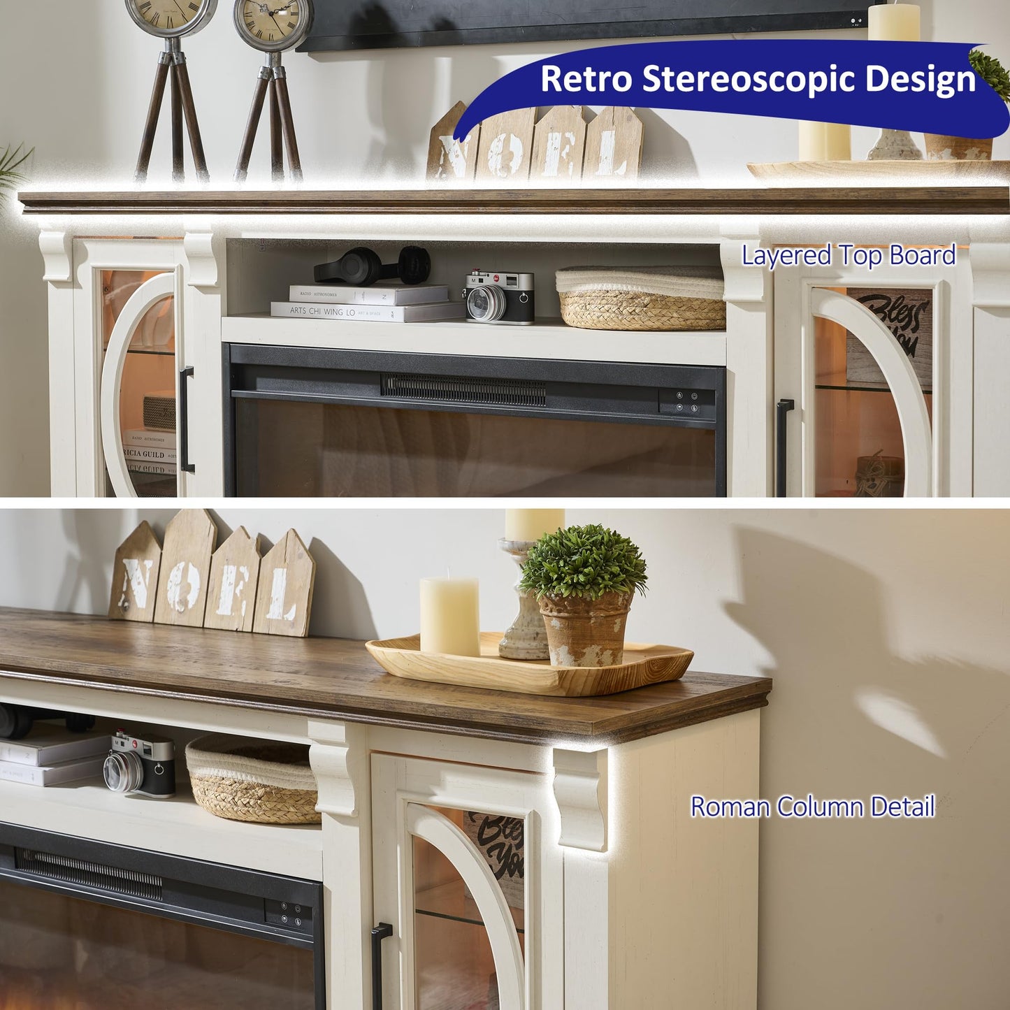 Unineo Crescent TV Stand with Fireplace for up to 80 Inch TV, LED Entertainment Center with 36 Inch Electric Fireplace, Farmhouse TV Console Table w/Glass Door for Living Room, White