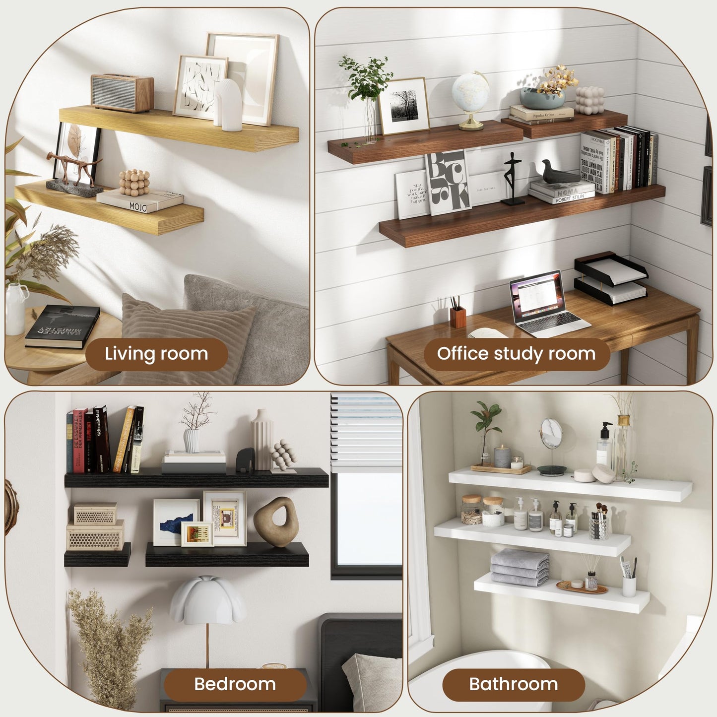 72 Inch Floating Shelves for Wall, 8 Inch Deep Floating Shelf for Storage & Display, Rustic Wall Mounted Shelf with Invisible Brackets for Living Room, Kitchen, Bathroom, Home Decor, Set of 2, White